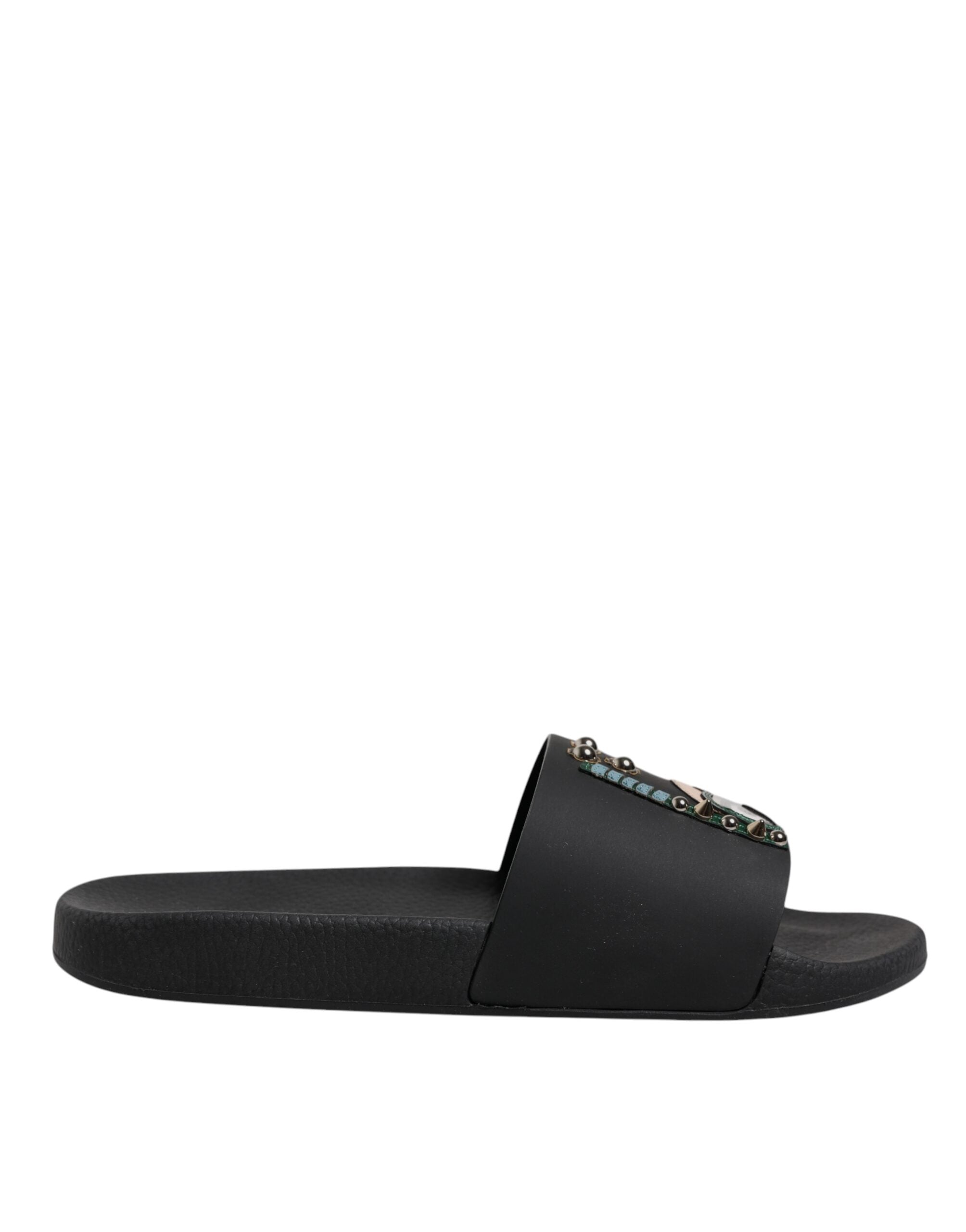 Dolce & Gabbana Black Divers Leather Flats Slides Sandals Beachwear Men's Shoes
