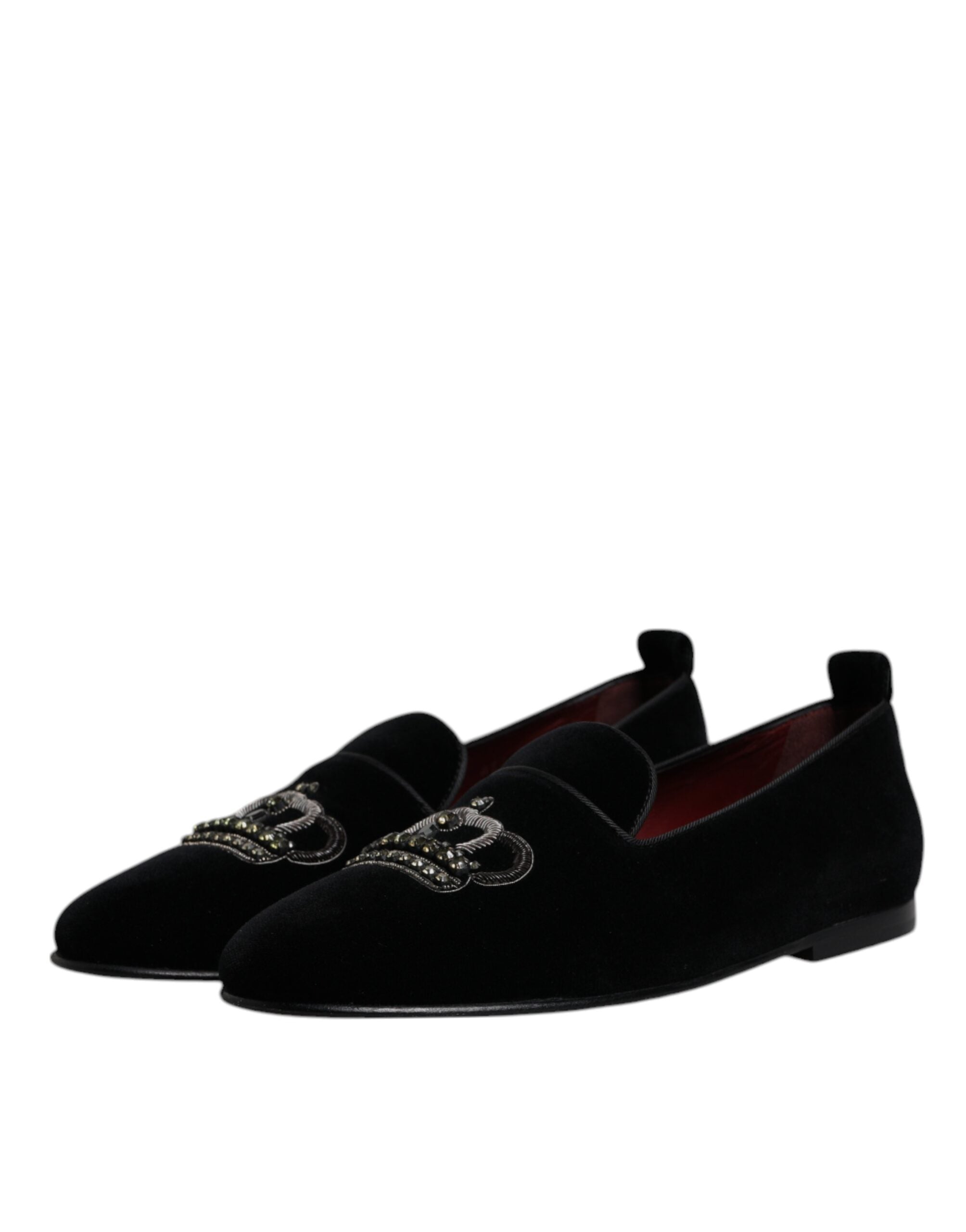 Dolce & Gabbana Black Velvet Crystal Crown Loafers Formal Dress Men's Shoes