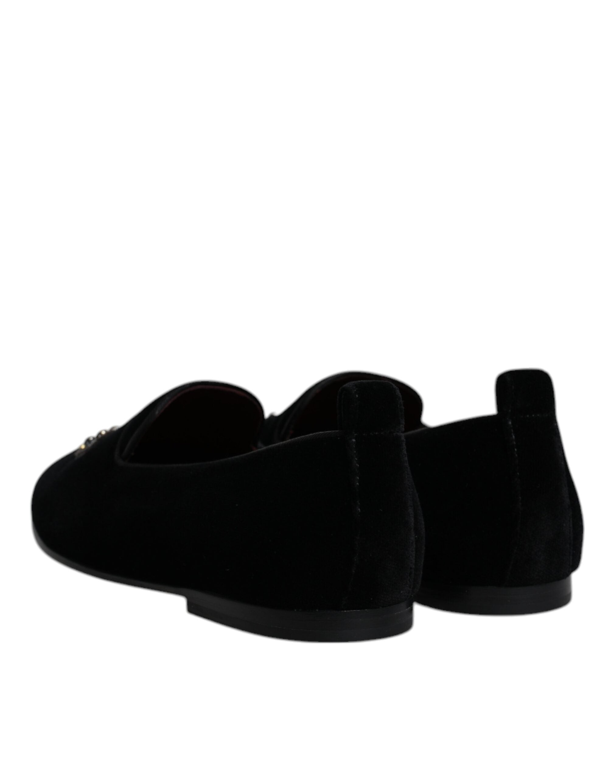 Dolce & Gabbana Black Velvet Crystal Crown Loafers Formal Dress Men's Shoes