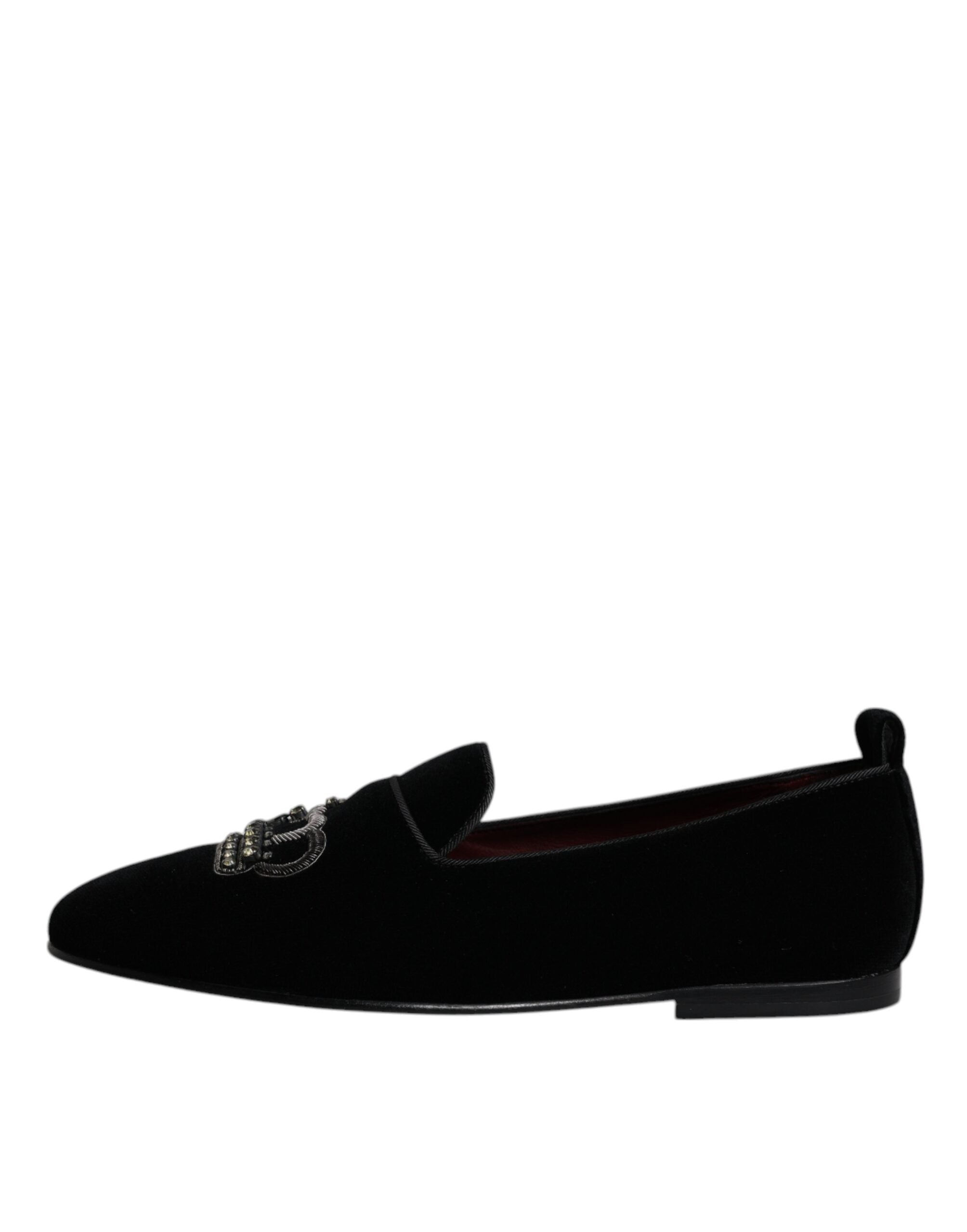 Dolce & Gabbana Black Velvet Crystal Crown Loafers Formal Dress Men's Shoes