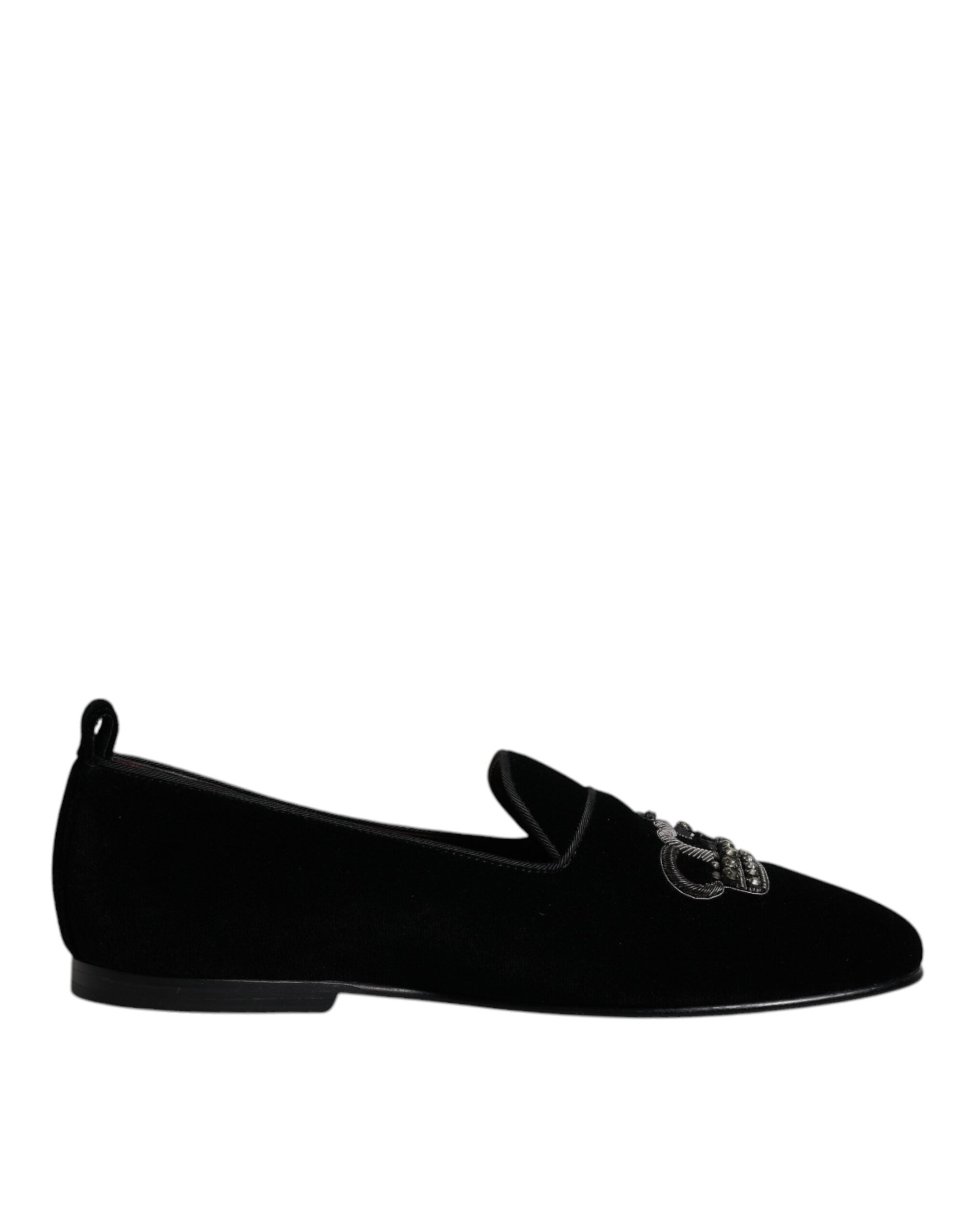 Dolce & Gabbana Black Velvet Crystal Crown Loafers Formal Dress Men's Shoes