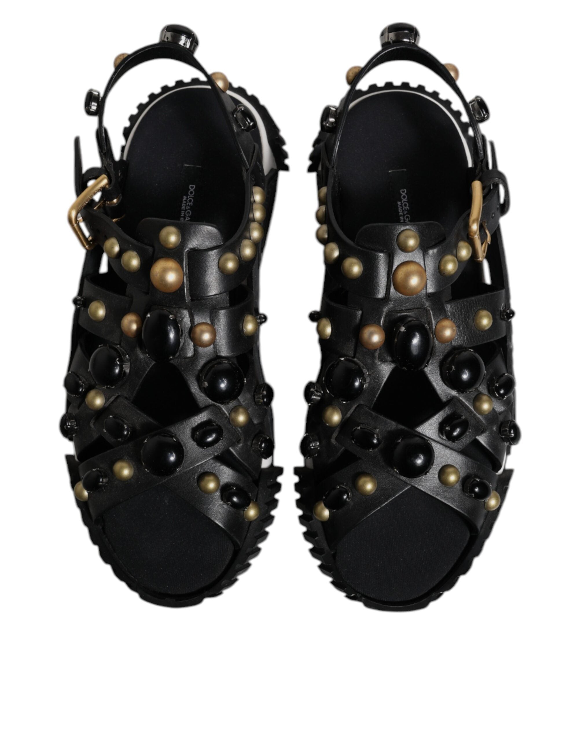 Dolce & Gabbana Black Leather Studded Slides Sandals Men's Shoes