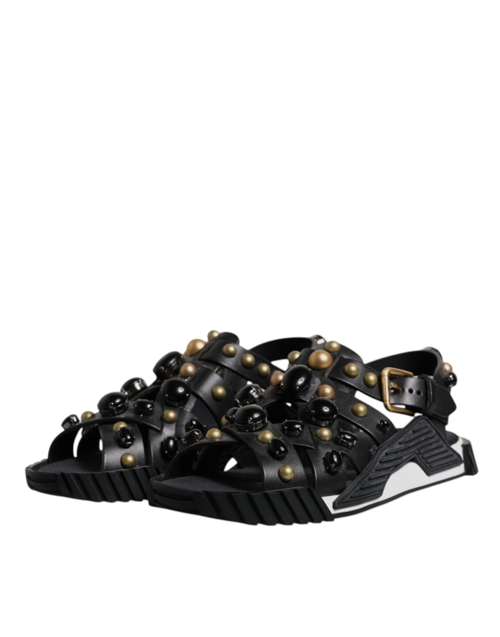 Dolce & Gabbana Black Leather Studded Slides Sandals Men's Shoes
