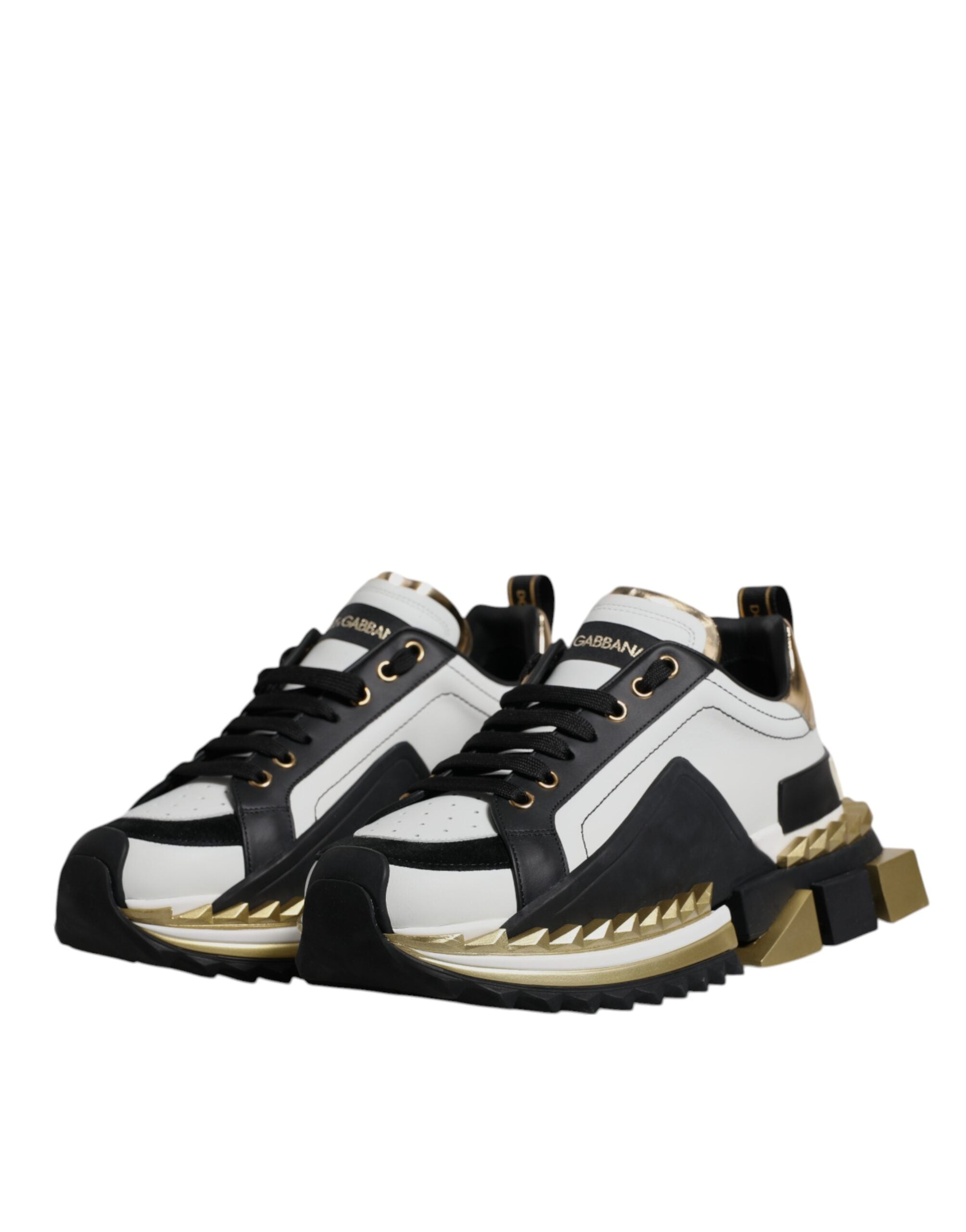 Dolce & Gabbana White Gold Black Leather SUPER KING Sneakers Men's Shoes