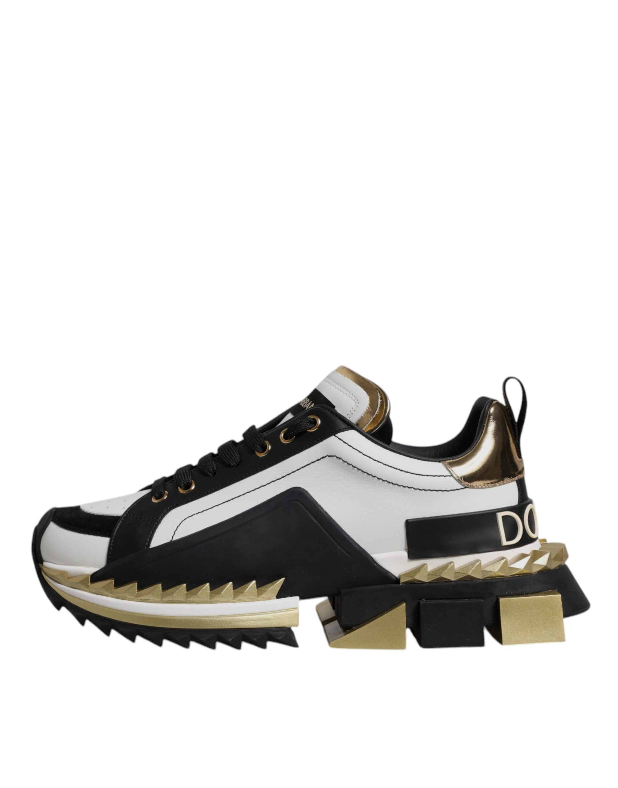 Dolce & Gabbana White Gold Black Leather SUPER KING Sneakers Men's Shoes