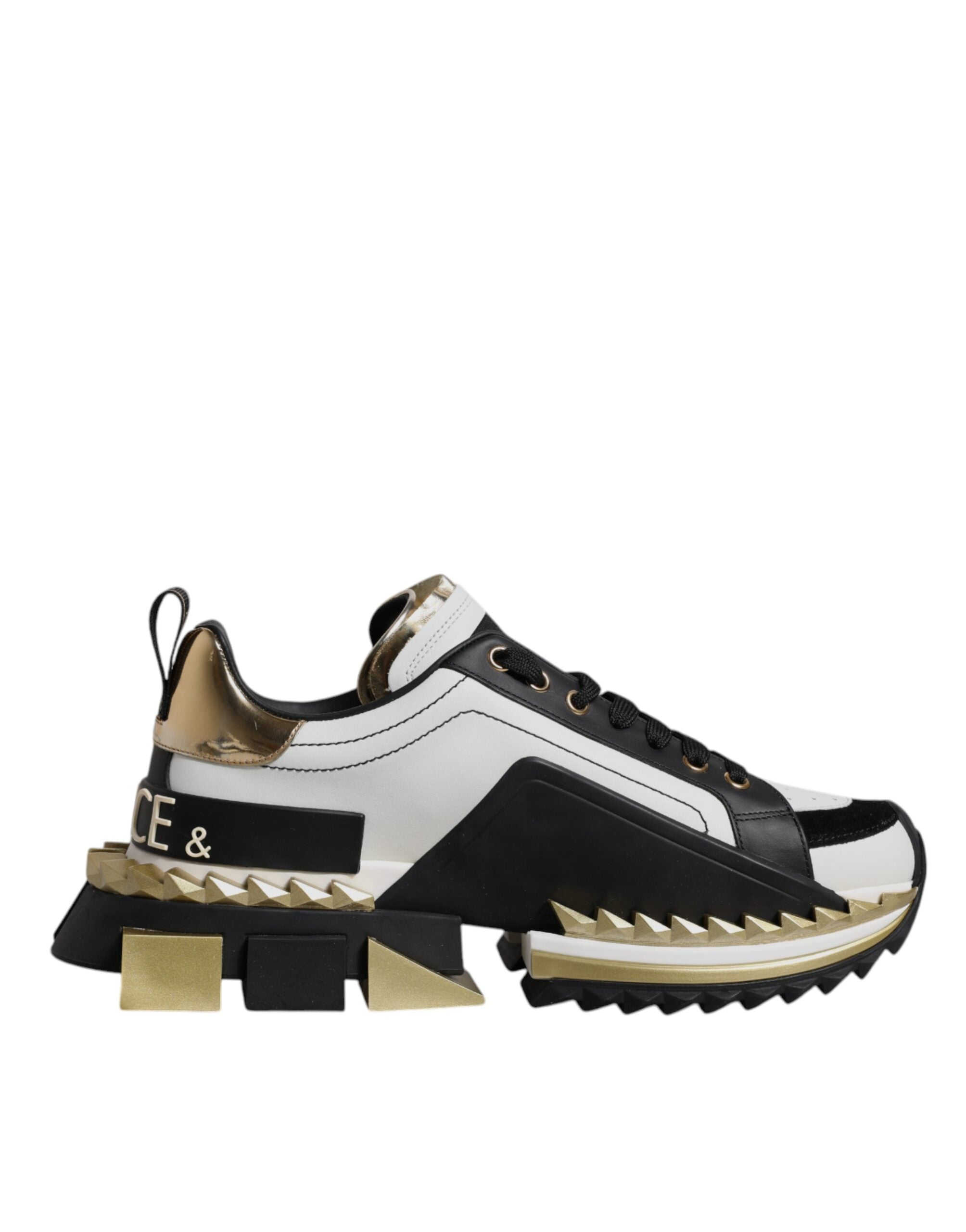 Dolce & Gabbana White Gold Black Leather SUPER KING Sneakers Men's Shoes