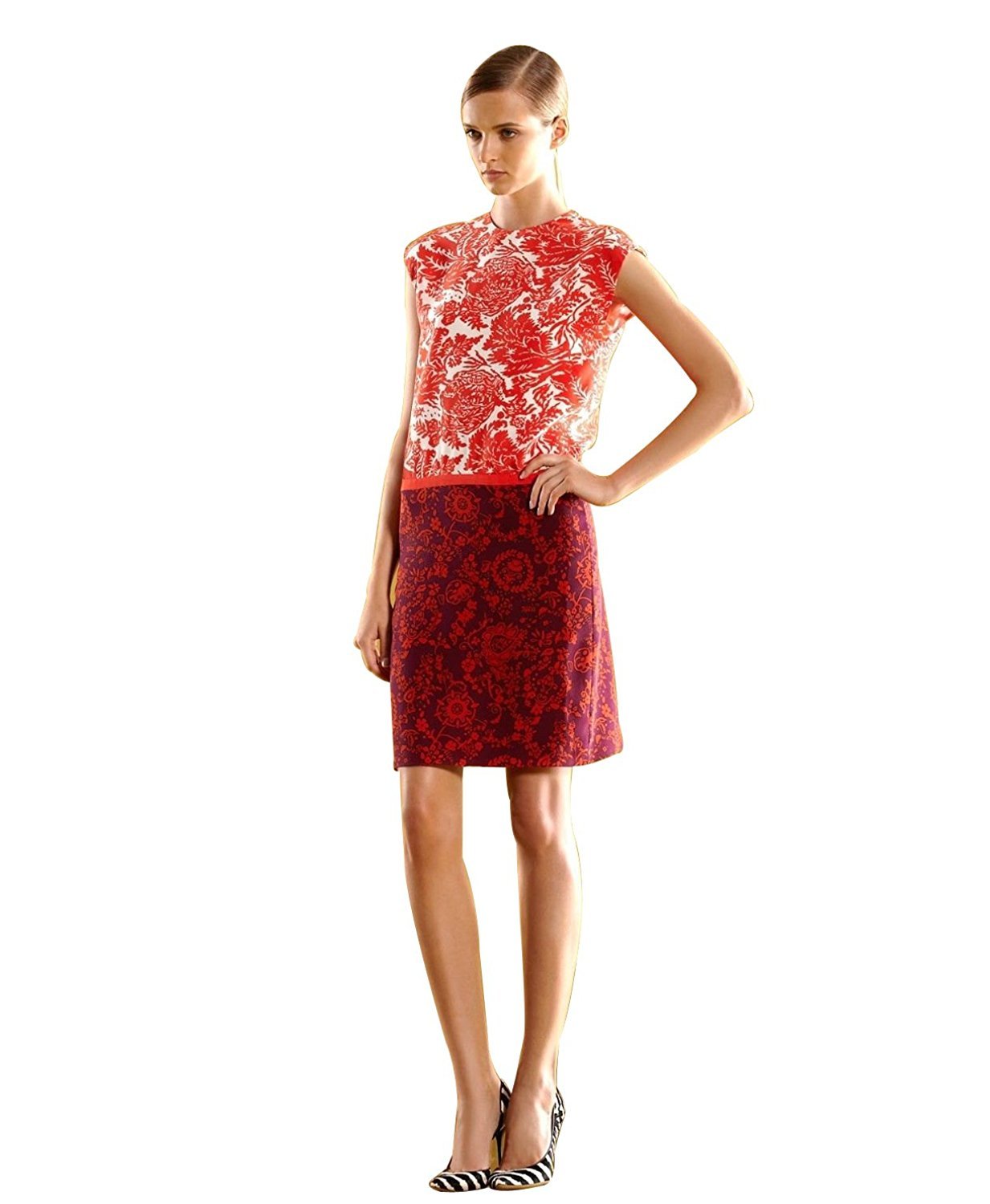 Gucci Red & Burgundy Floral Silk Sleeveless Runway Dress