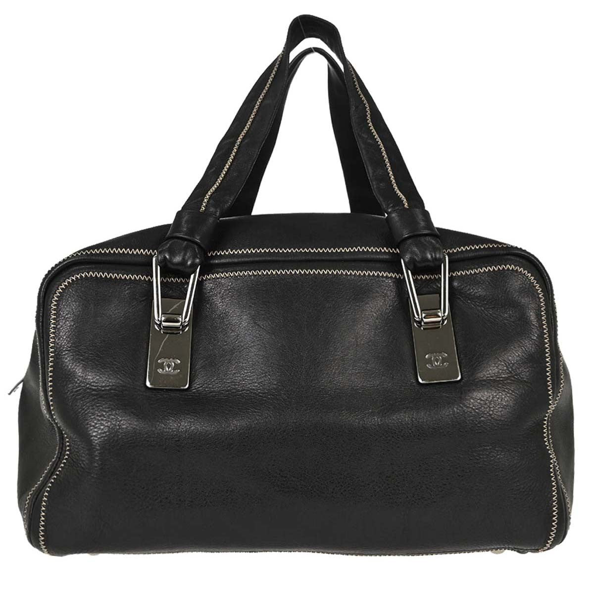 Chanel Vintage Bowler Lambskin Black Leather Handbag (Pre-Owned)