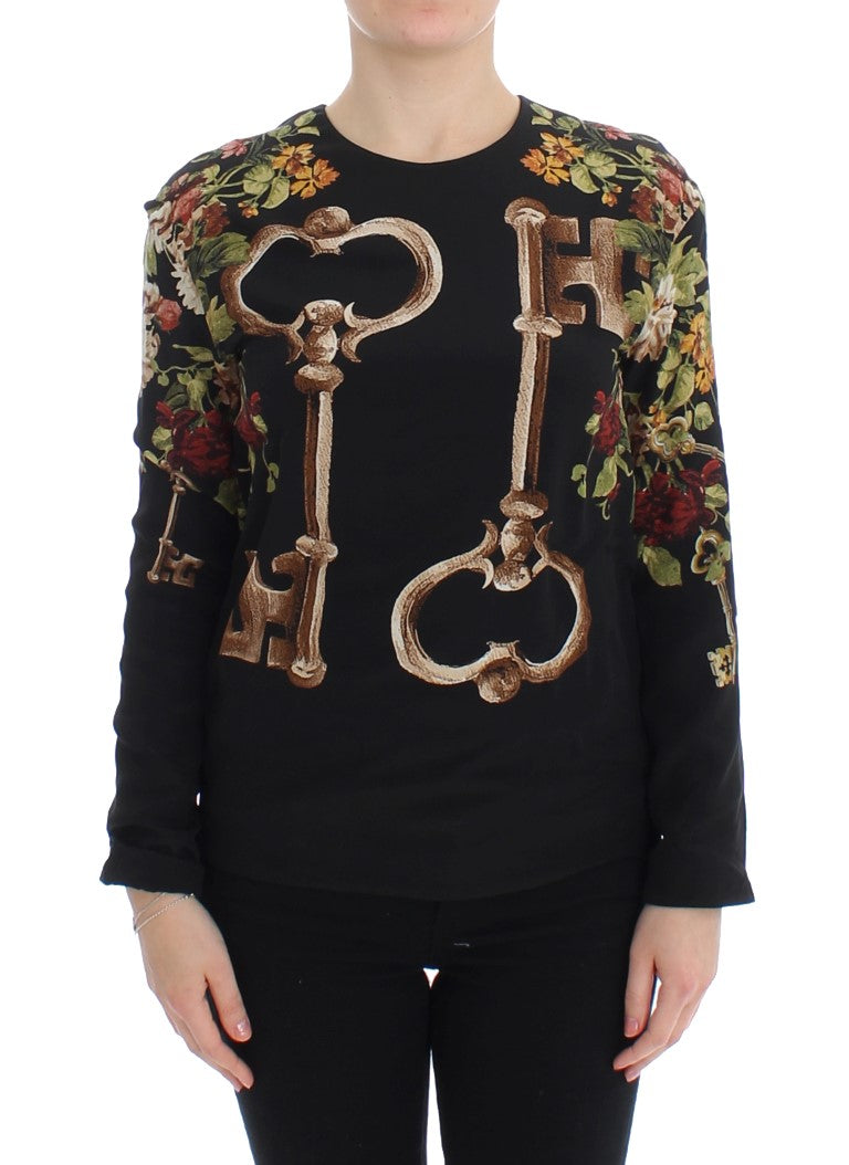 Dolce & Gabbana Black Key Floral Print Silk Blouse Women's Top