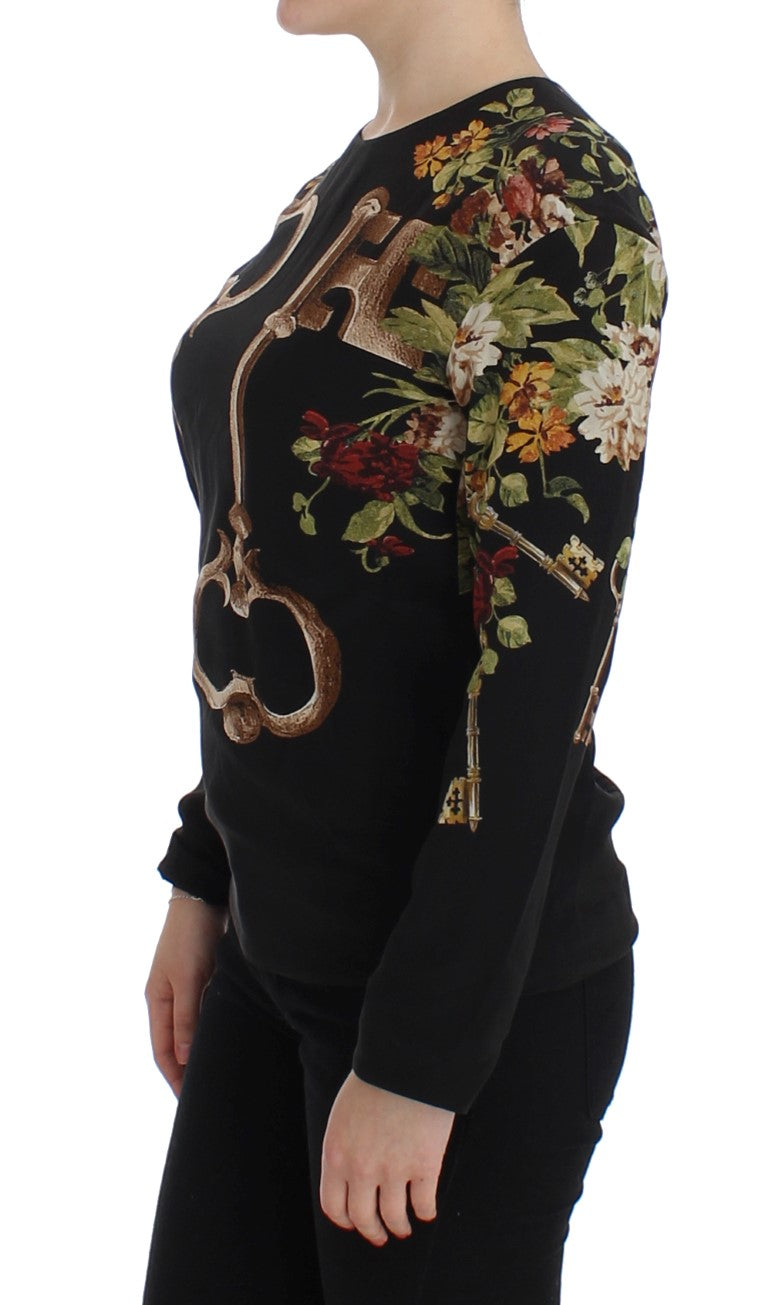 Dolce & Gabbana Black Key Floral Print Silk Blouse Women's Top