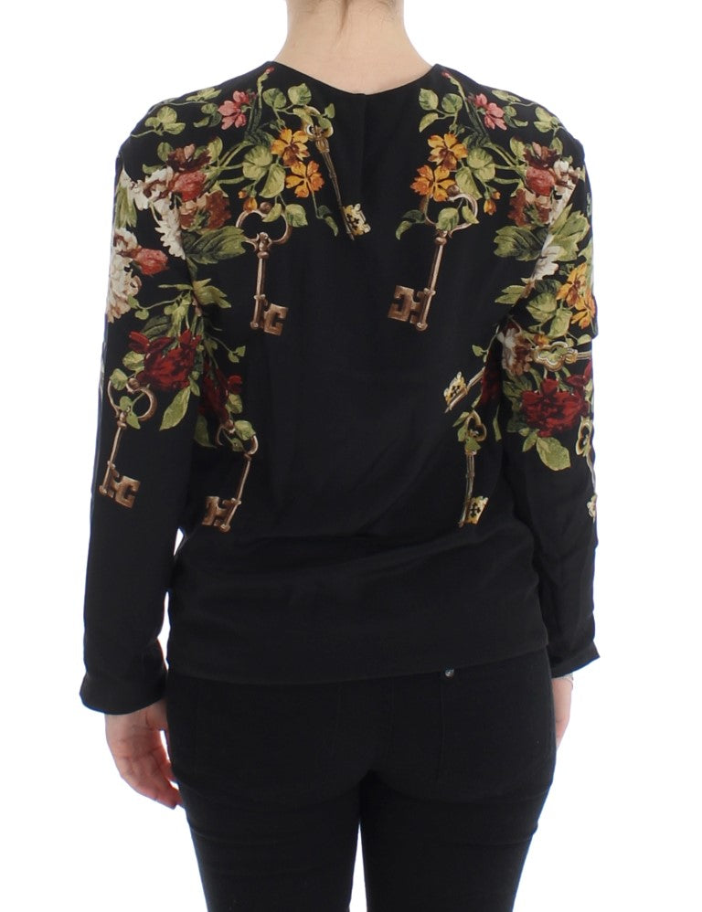 Dolce & Gabbana Black Key Floral Print Silk Blouse Women's Top