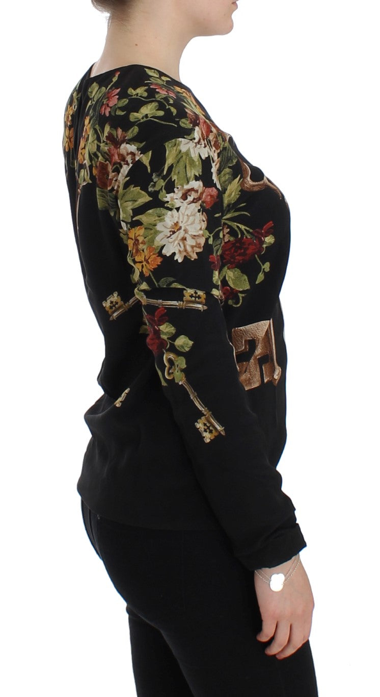 Dolce & Gabbana Black Key Floral Print Silk Blouse Women's Top