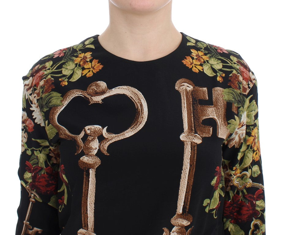 Dolce & Gabbana Black Key Floral Print Silk Blouse Women's Top