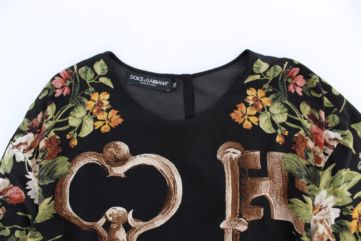 Dolce & Gabbana Black Key Floral Print Silk Blouse Women's Top