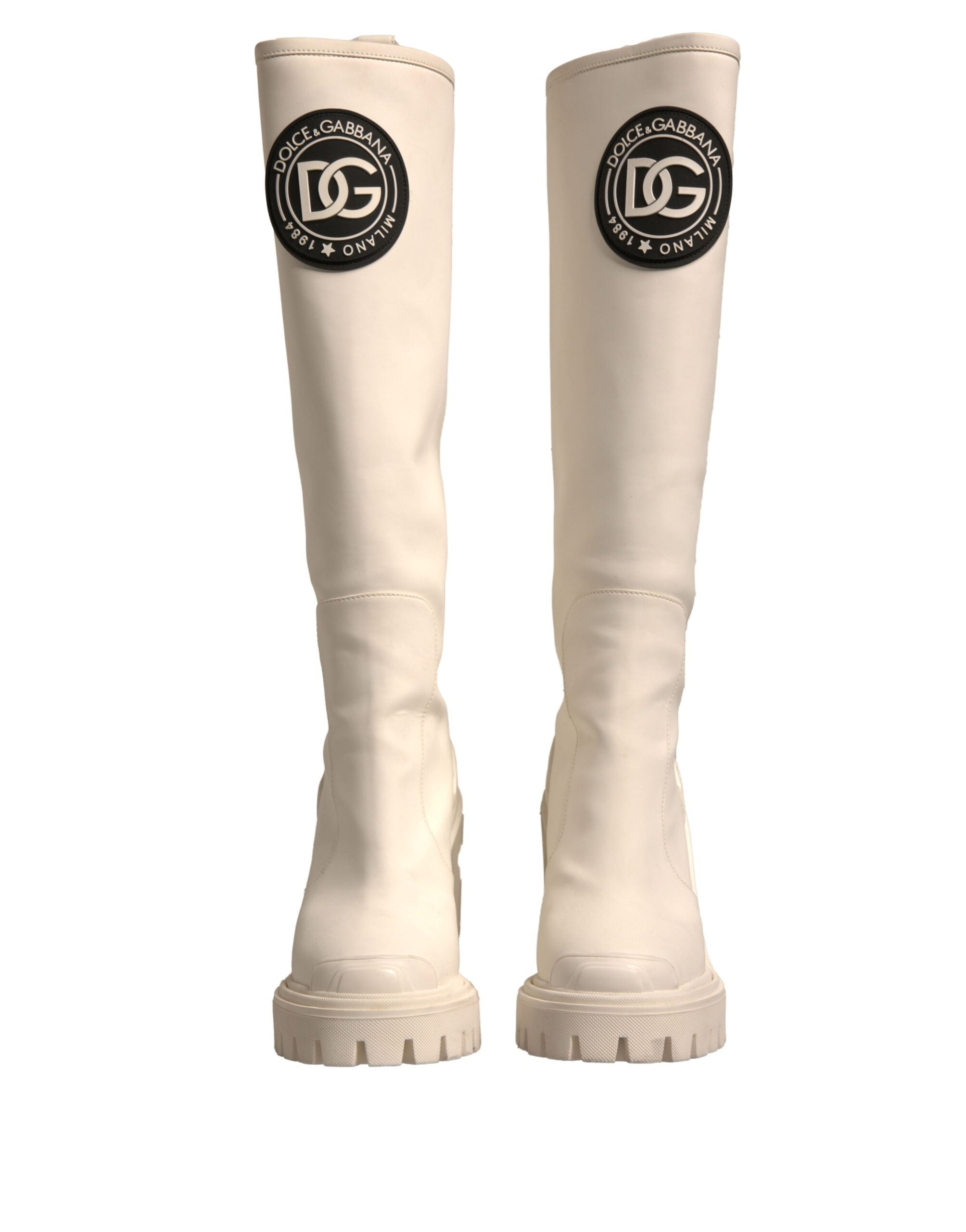 Dolce & Gabbana White DG Logo Hi Trekking Plateau Biker Boots Women's Shoes