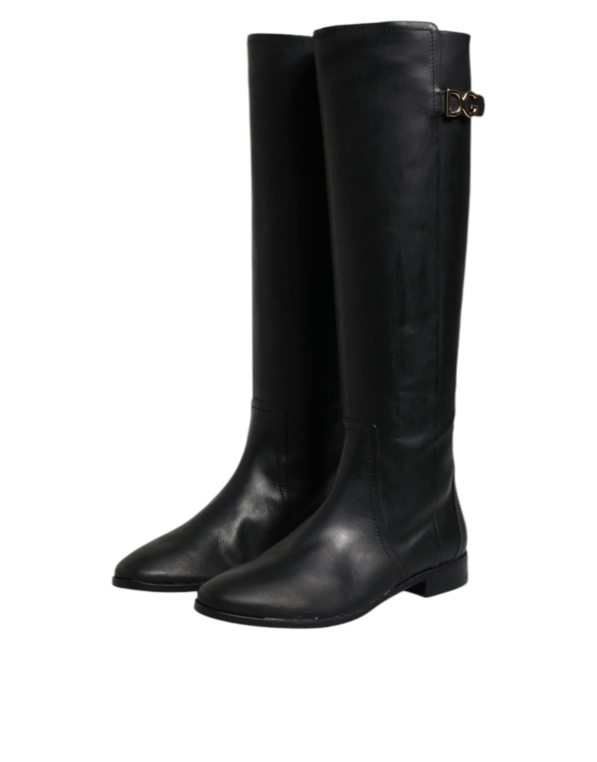 Dolce & Gabbana Black DG Logo Calf Leather High Boots Women's Shoes (Pre-Owned)