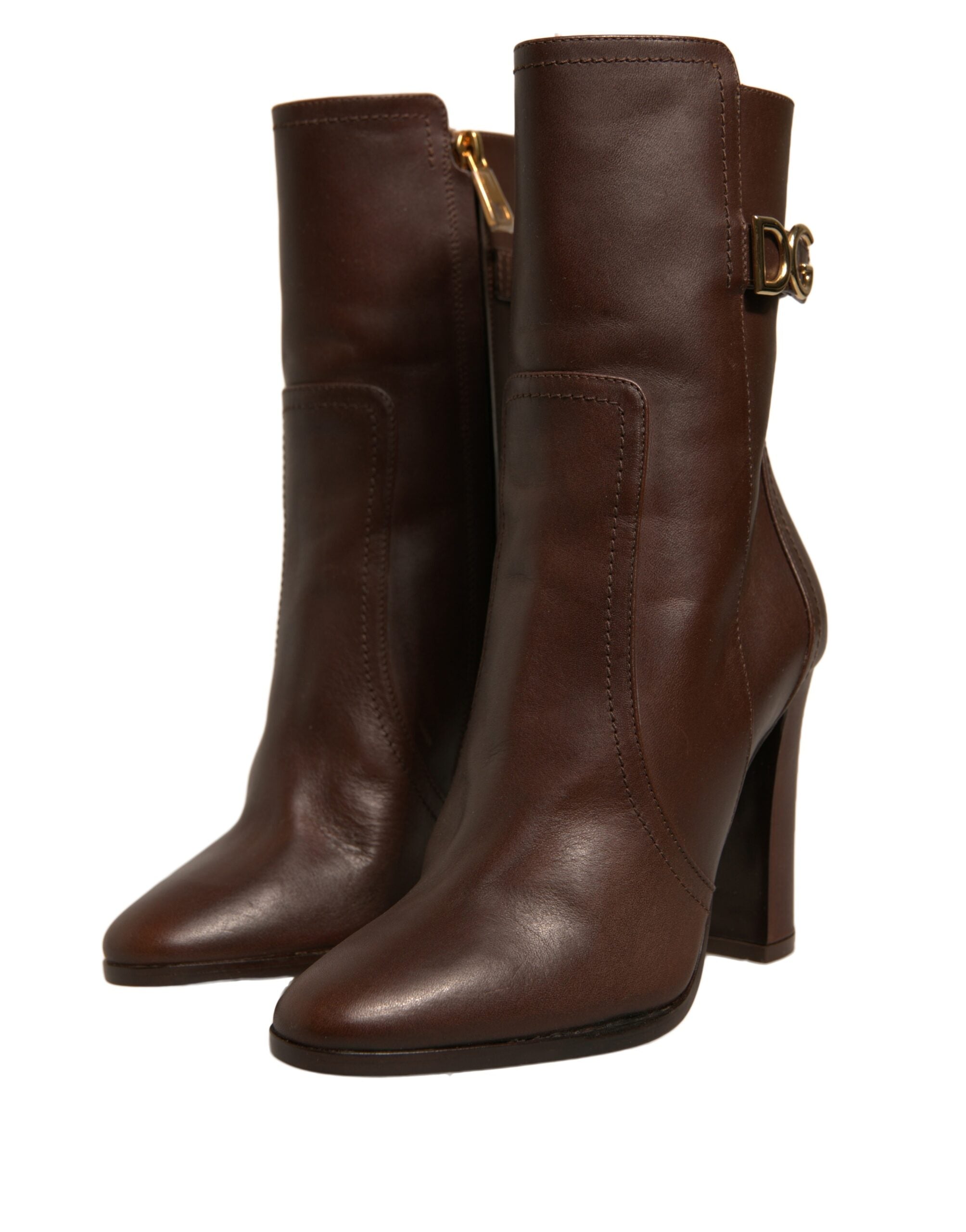 Dolce & Gabbana Brown Leather Heels Mid Calf Boots Women's Shoes (Pre-Owned)