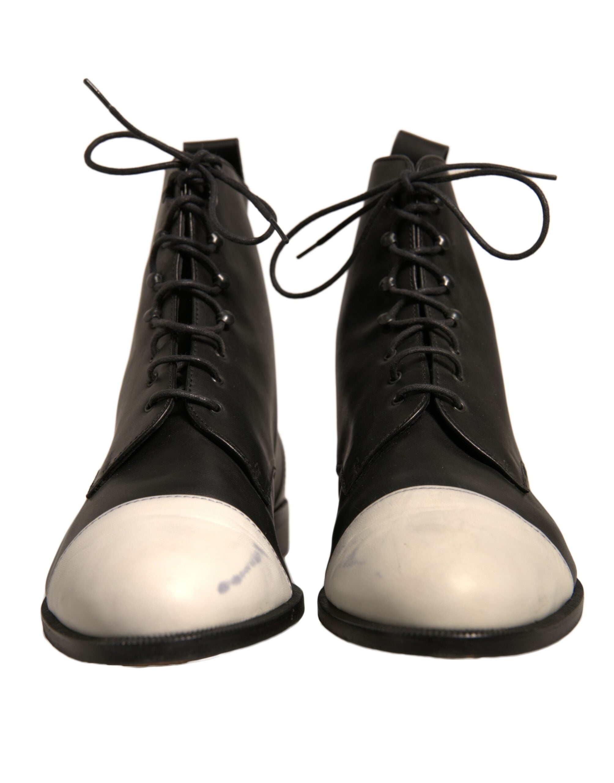 Sergio Rossi Black White Leather Lace Up Flats Ankle Boots Women's Shoes (Pre-Owned)