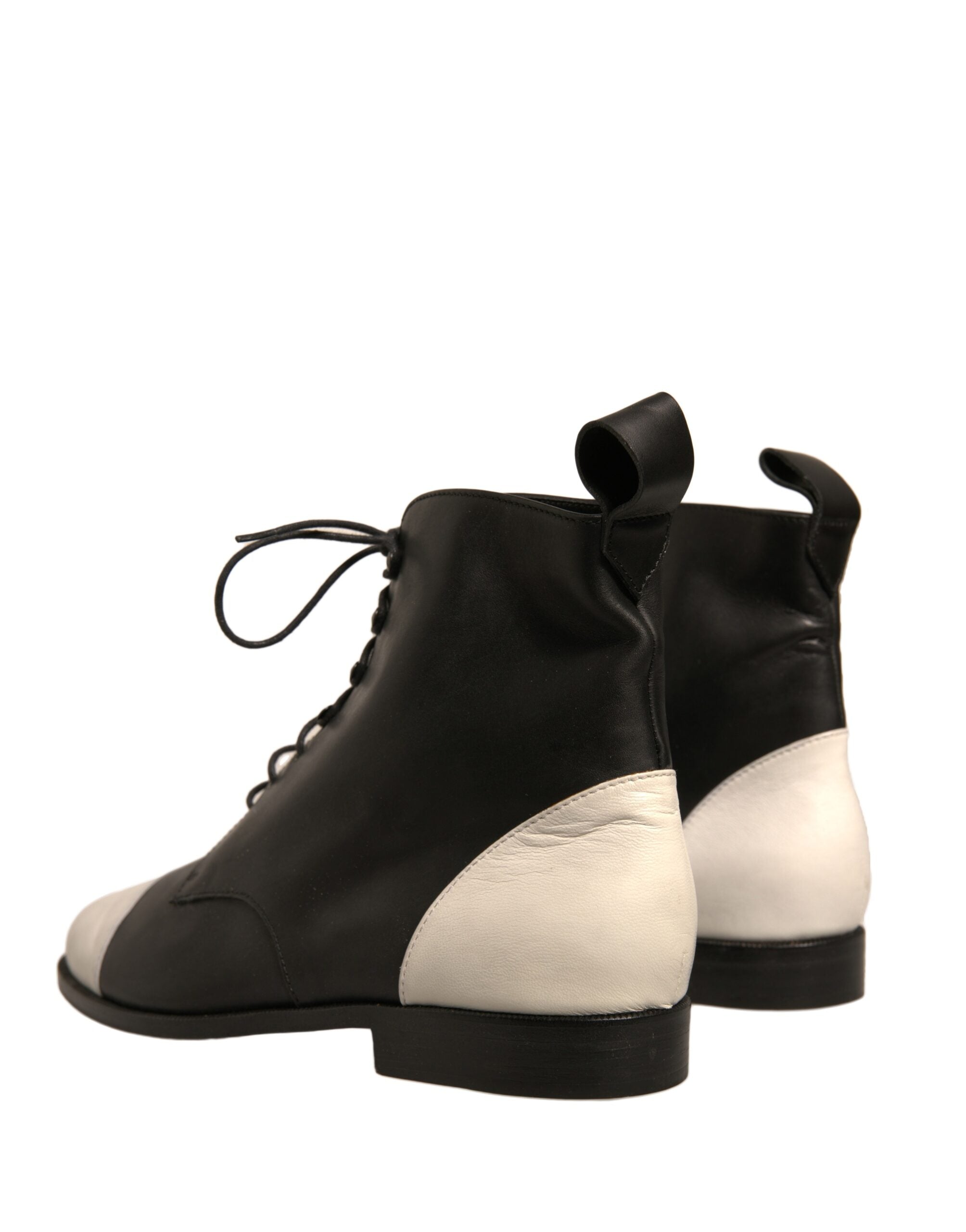 Sergio Rossi Black White Leather Lace Up Flats Ankle Boots Women's Shoes (Pre-Owned)