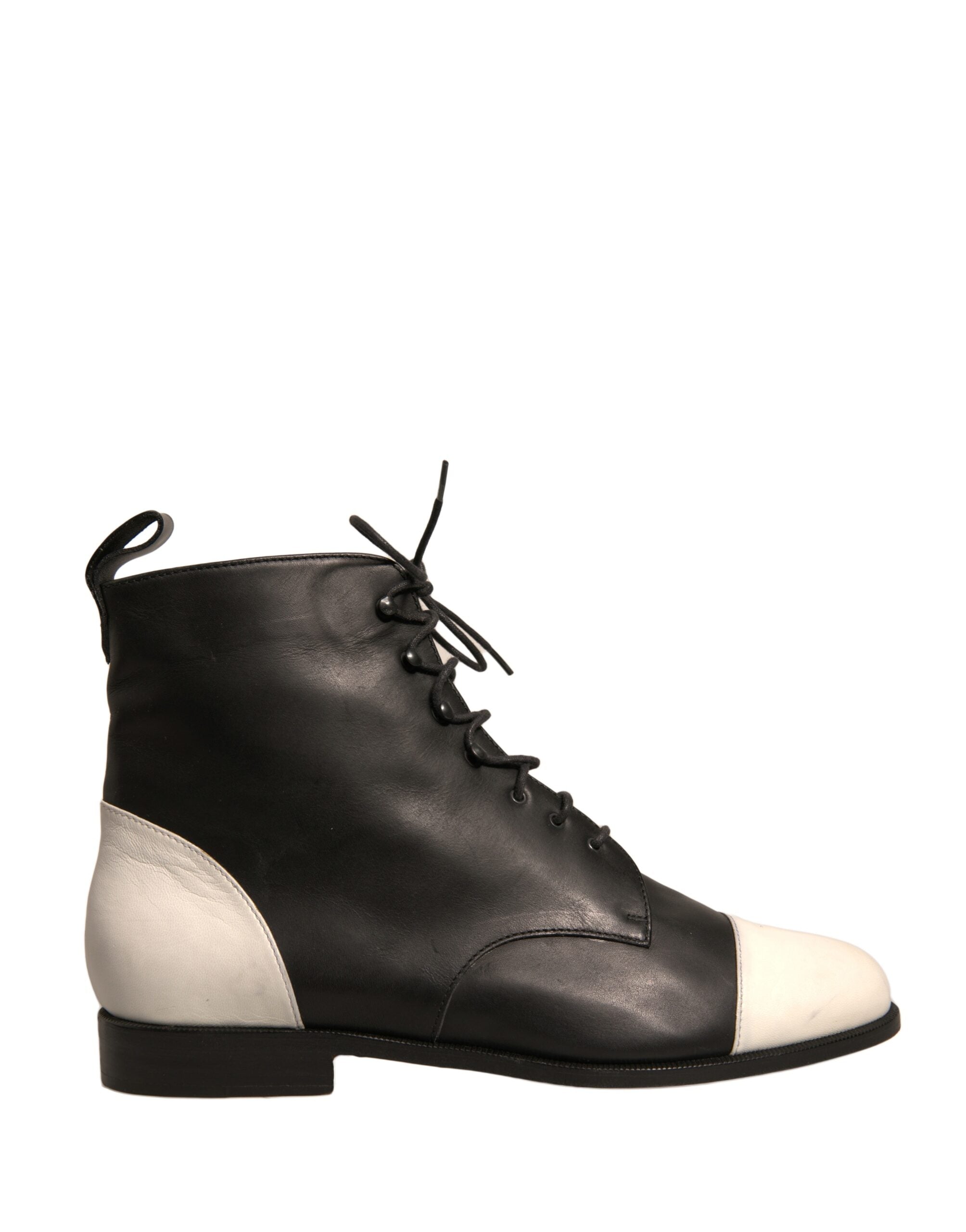 Sergio Rossi Black White Leather Lace Up Flats Ankle Boots Women's Shoes (Pre-Owned)