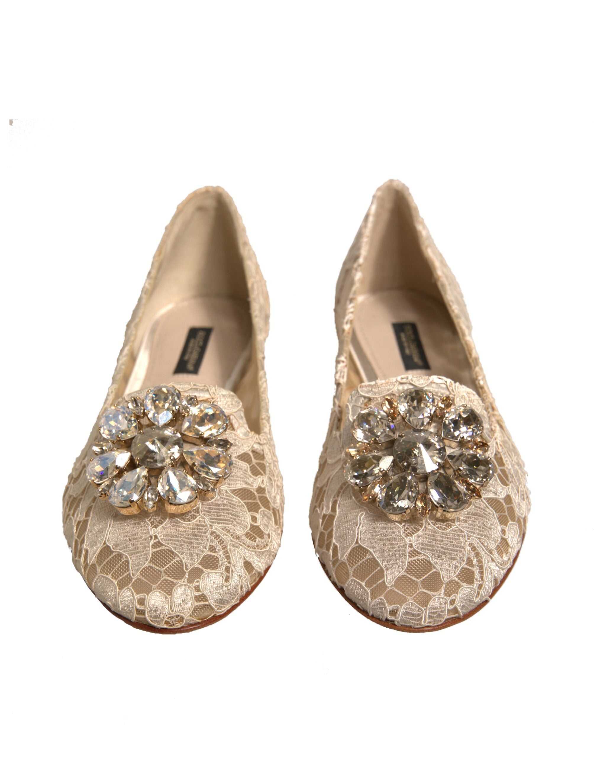 Dolce & Gabbana Beige Crystal Loafer Lace Ballet Flats Women's Shoes (Pre-Owned)