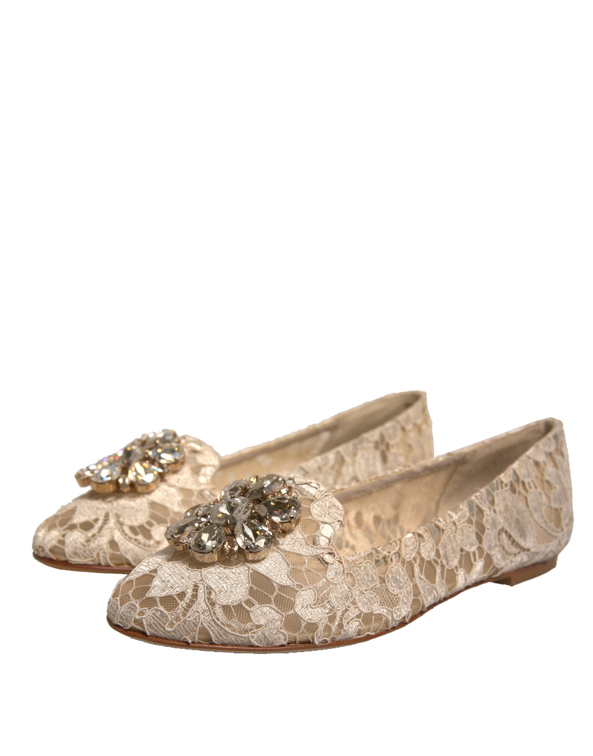 Dolce & Gabbana Beige Crystal Loafer Lace Ballet Flats Women's Shoes (Pre-Owned)