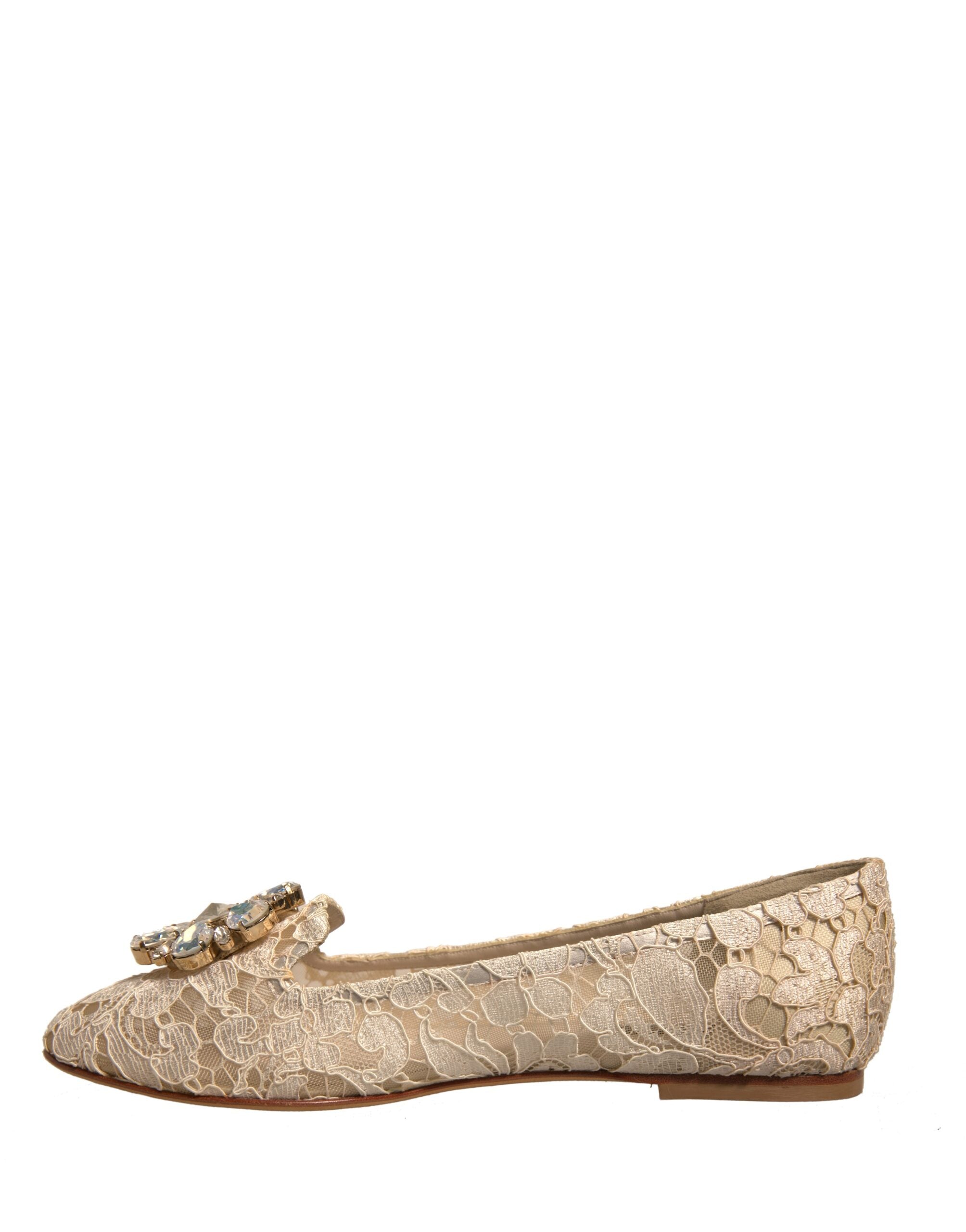 Dolce & Gabbana Beige Crystal Loafer Lace Ballet Flats Women's Shoes (Pre-Owned)