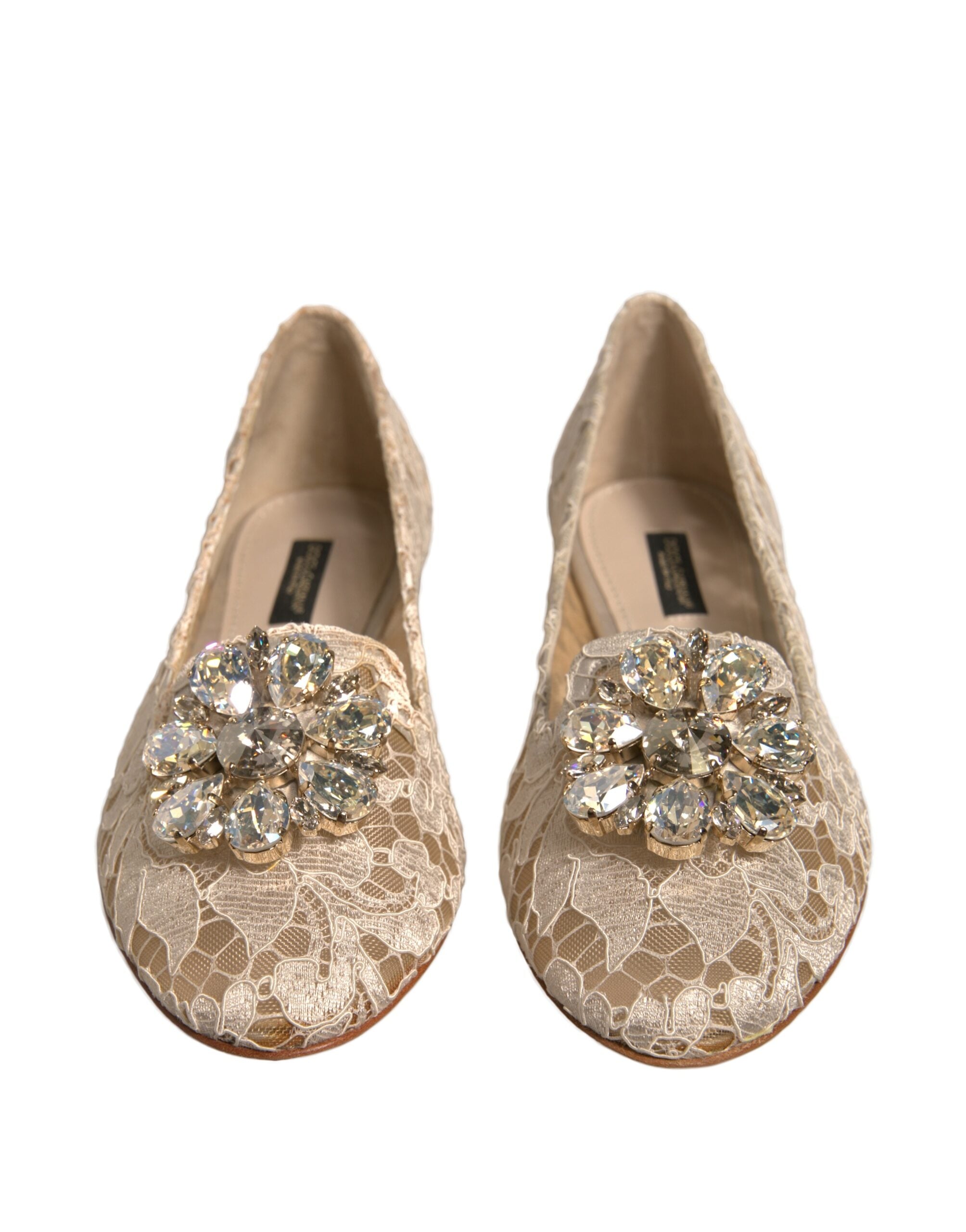 Dolce & Gabbana Beige Crystal Loafer Lace Ballet Flats Women's Shoes (Pre-Owned)