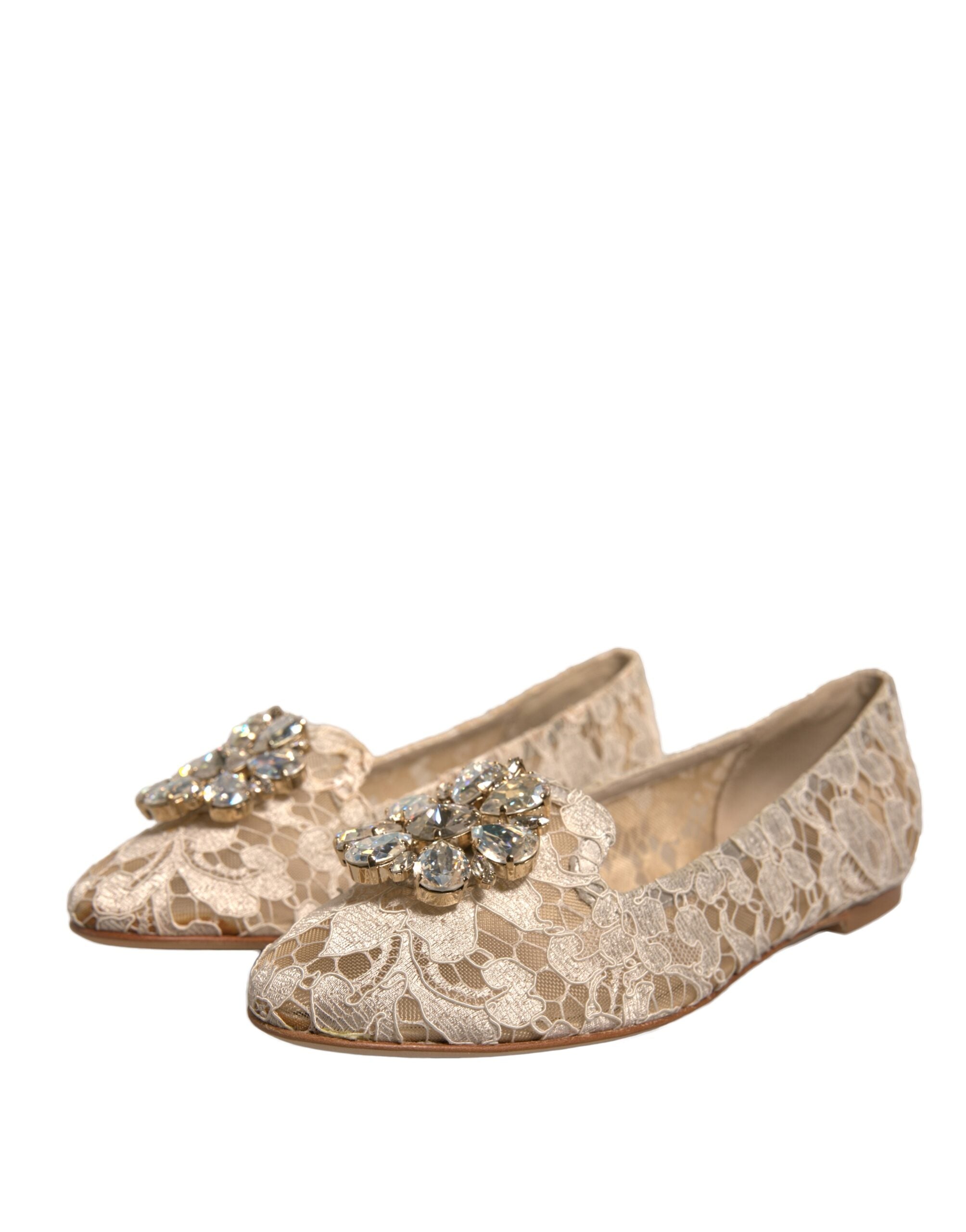 Dolce & Gabbana Beige Crystal Loafer Lace Ballet Flats Women's Shoes (Pre-Owned)