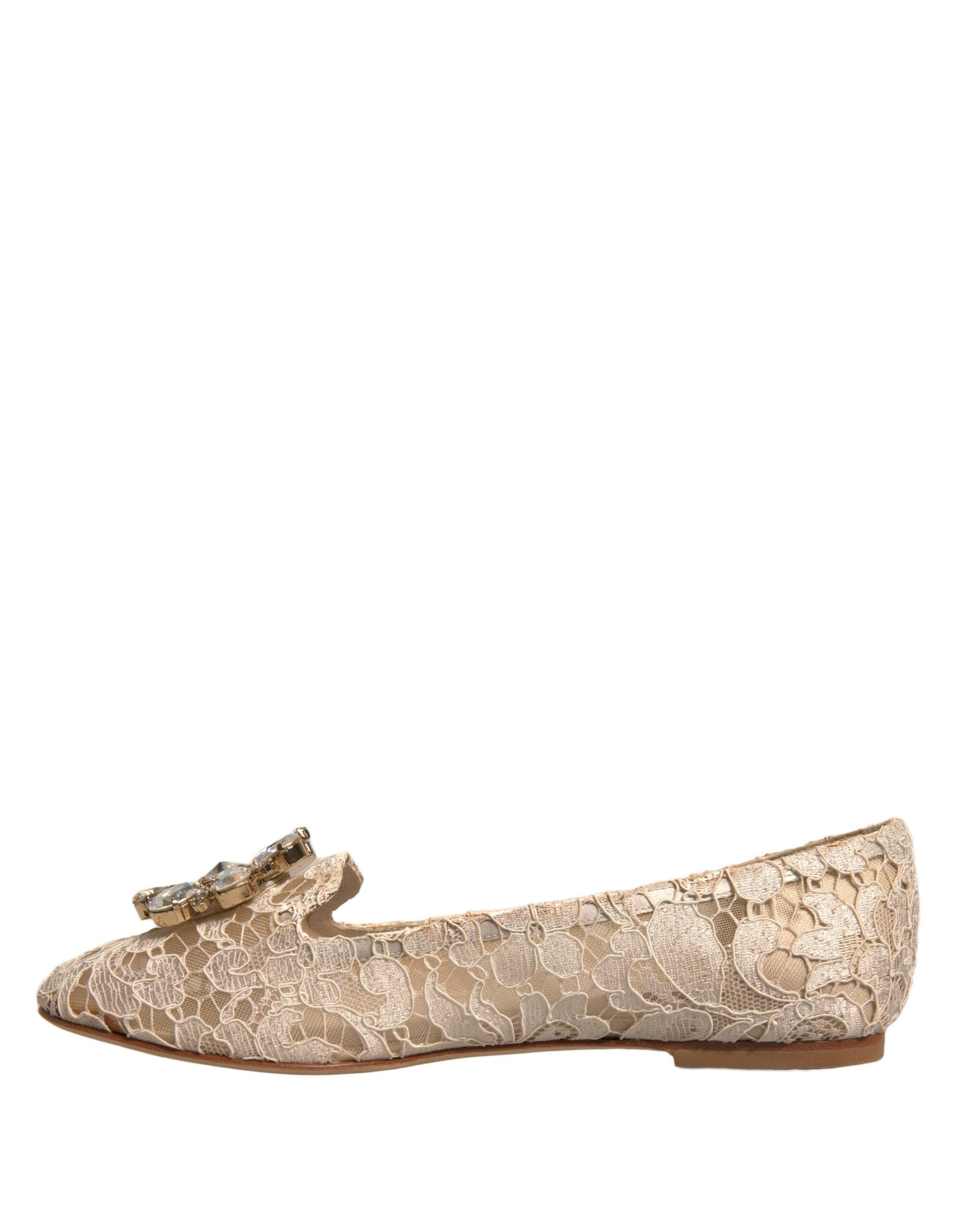 Dolce & Gabbana Beige Crystal Loafer Lace Ballet Flats Women's Shoes (Pre-Owned)