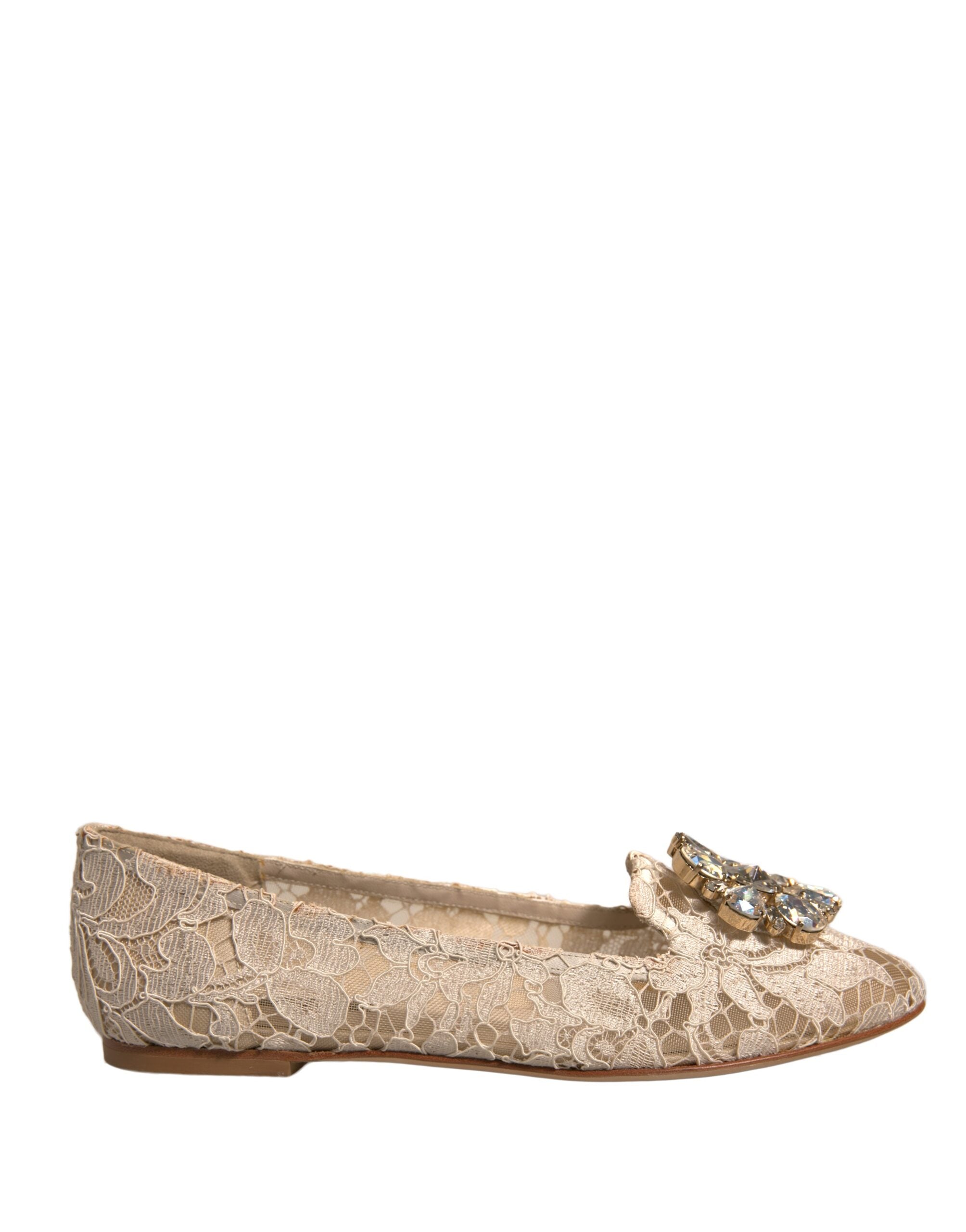Dolce & Gabbana Beige Crystal Loafer Lace Ballet Flats Women's Shoes (Pre-Owned)