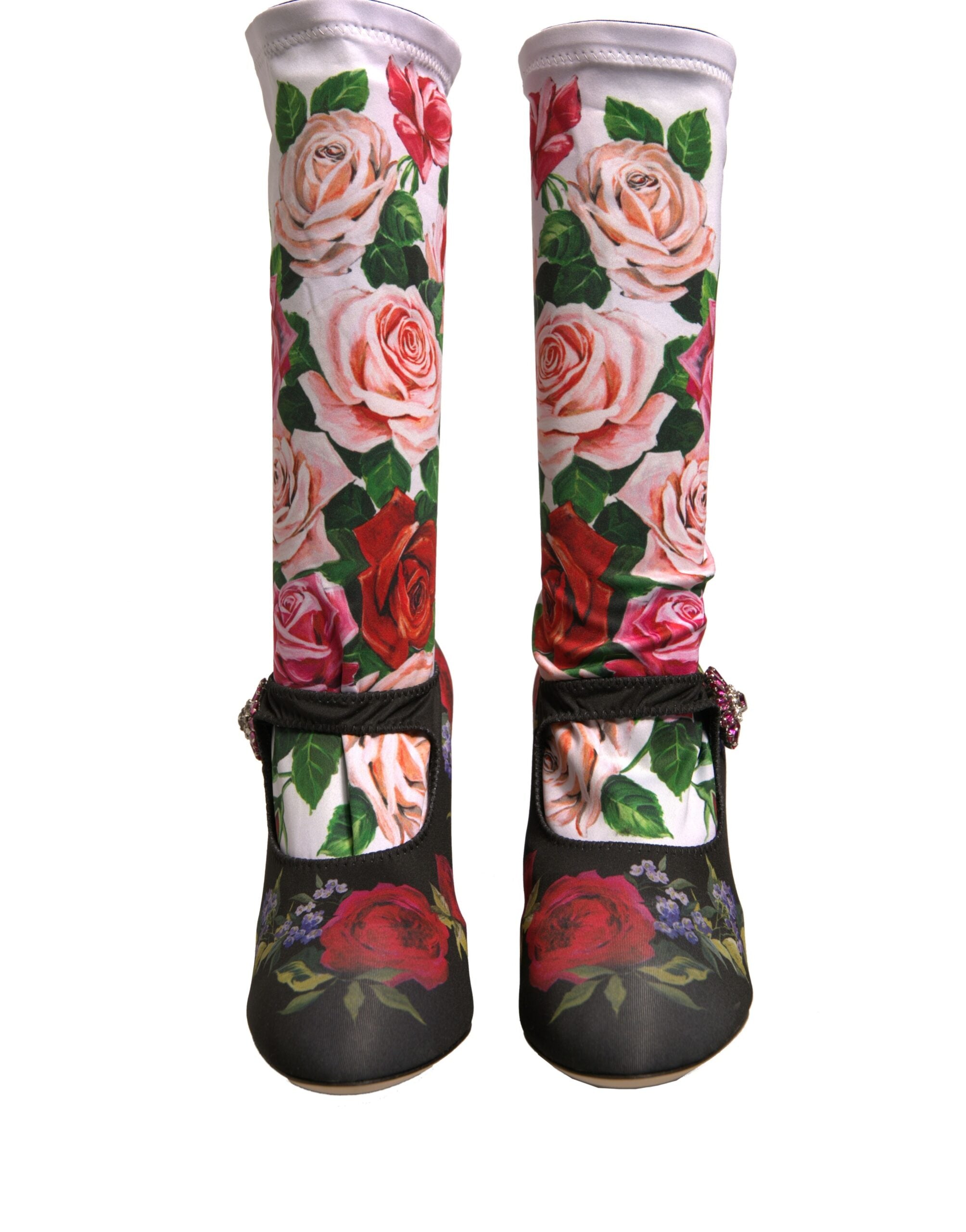 Dolce & Gabbana Black Floral Socks Crystal Boots Jersey Women's Shoes