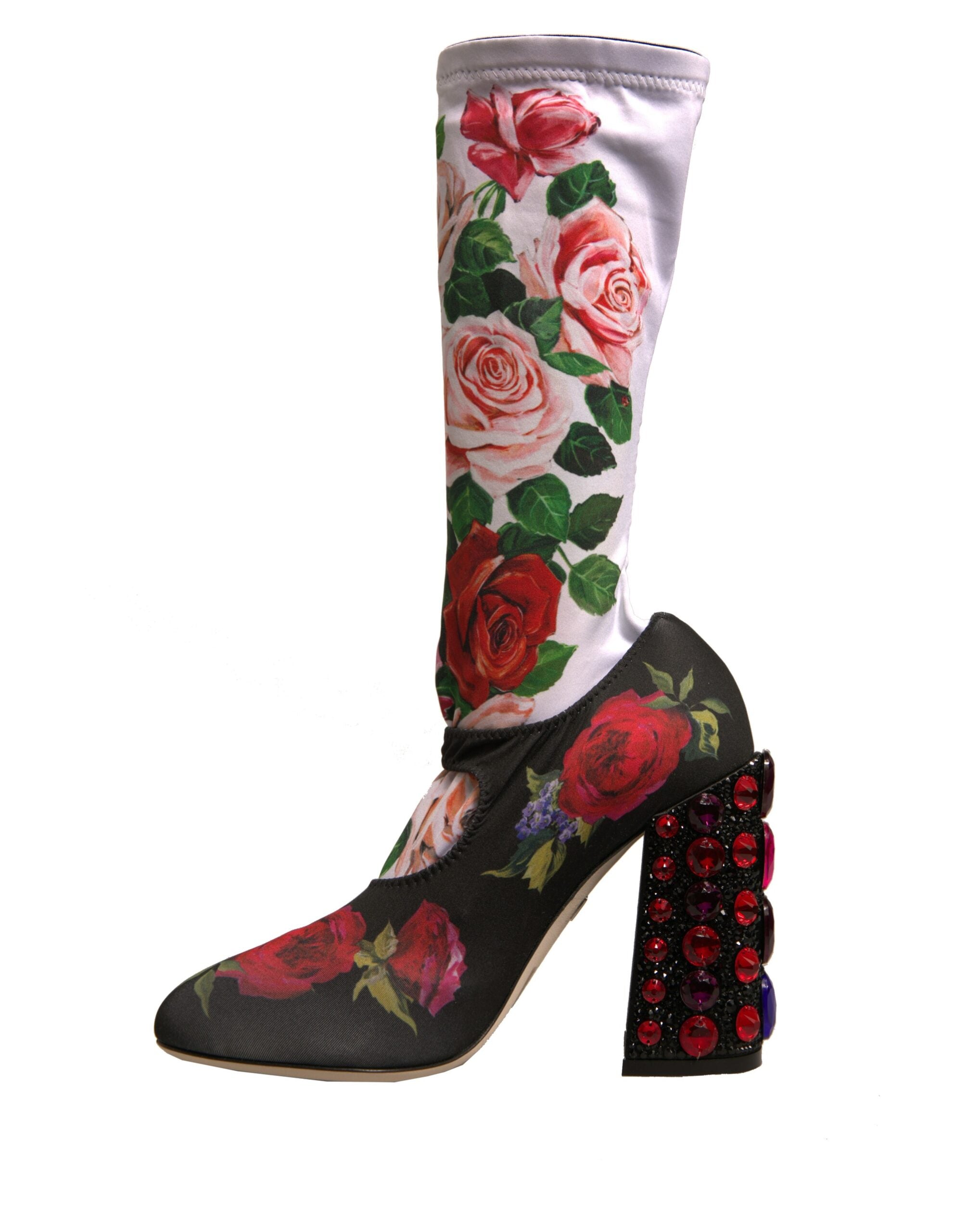 Dolce & Gabbana Black Floral Socks Crystal Boots Jersey Women's Shoes