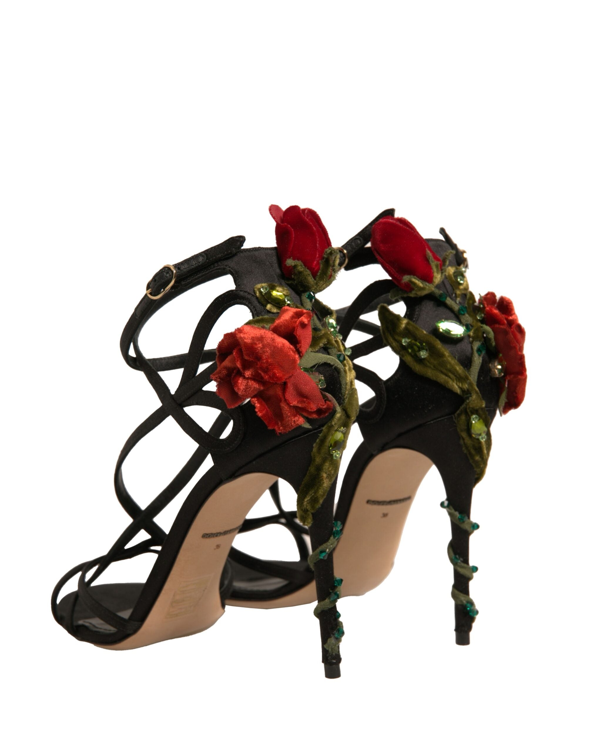 Dolce & Gabbana Black Strappy Flower Heels Sandals Women's Shoes (Pre-Owned)