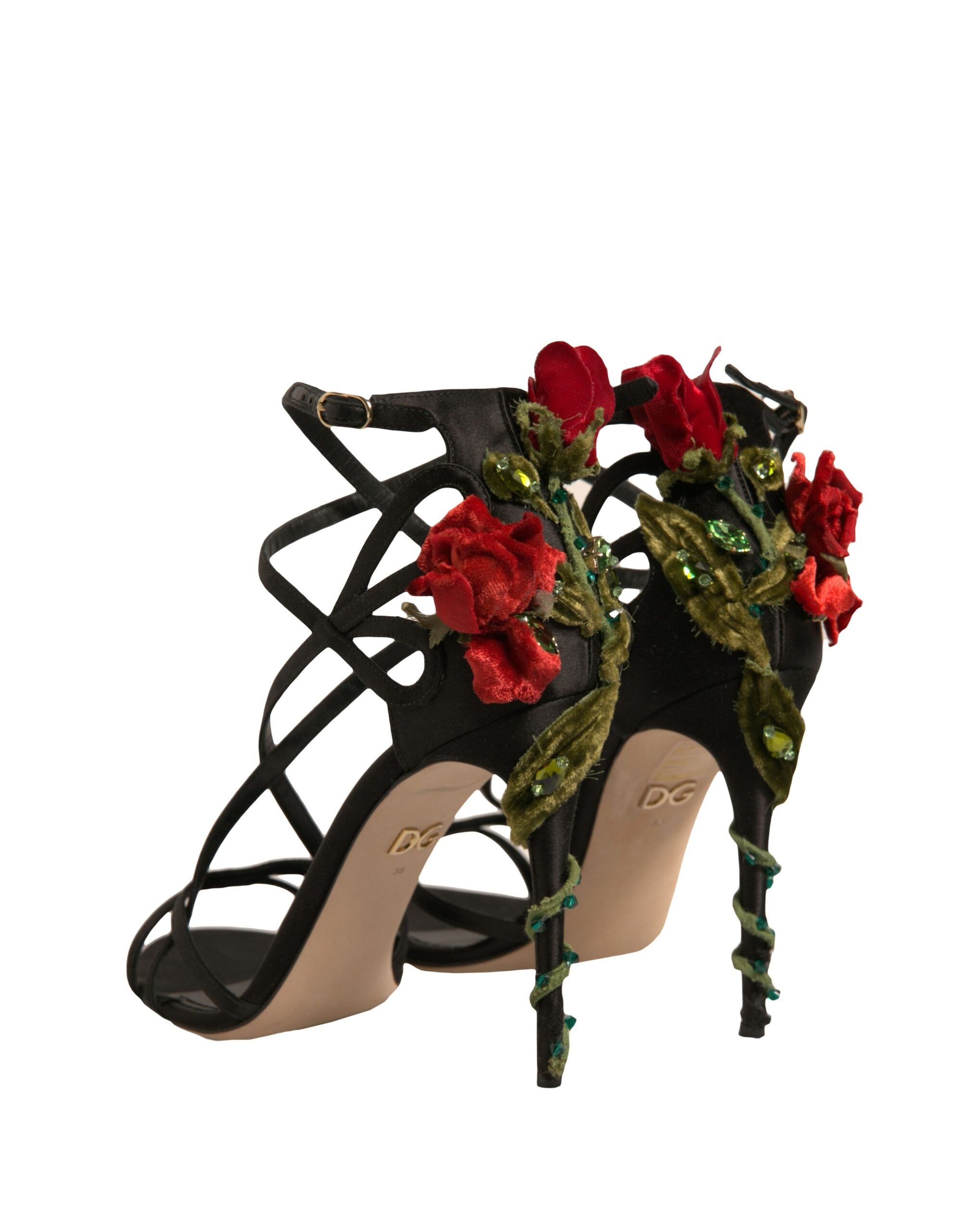 Dolce & Gabbana Black Strappy Flower Heels Sandals Women's Shoes (Pre-Owned)