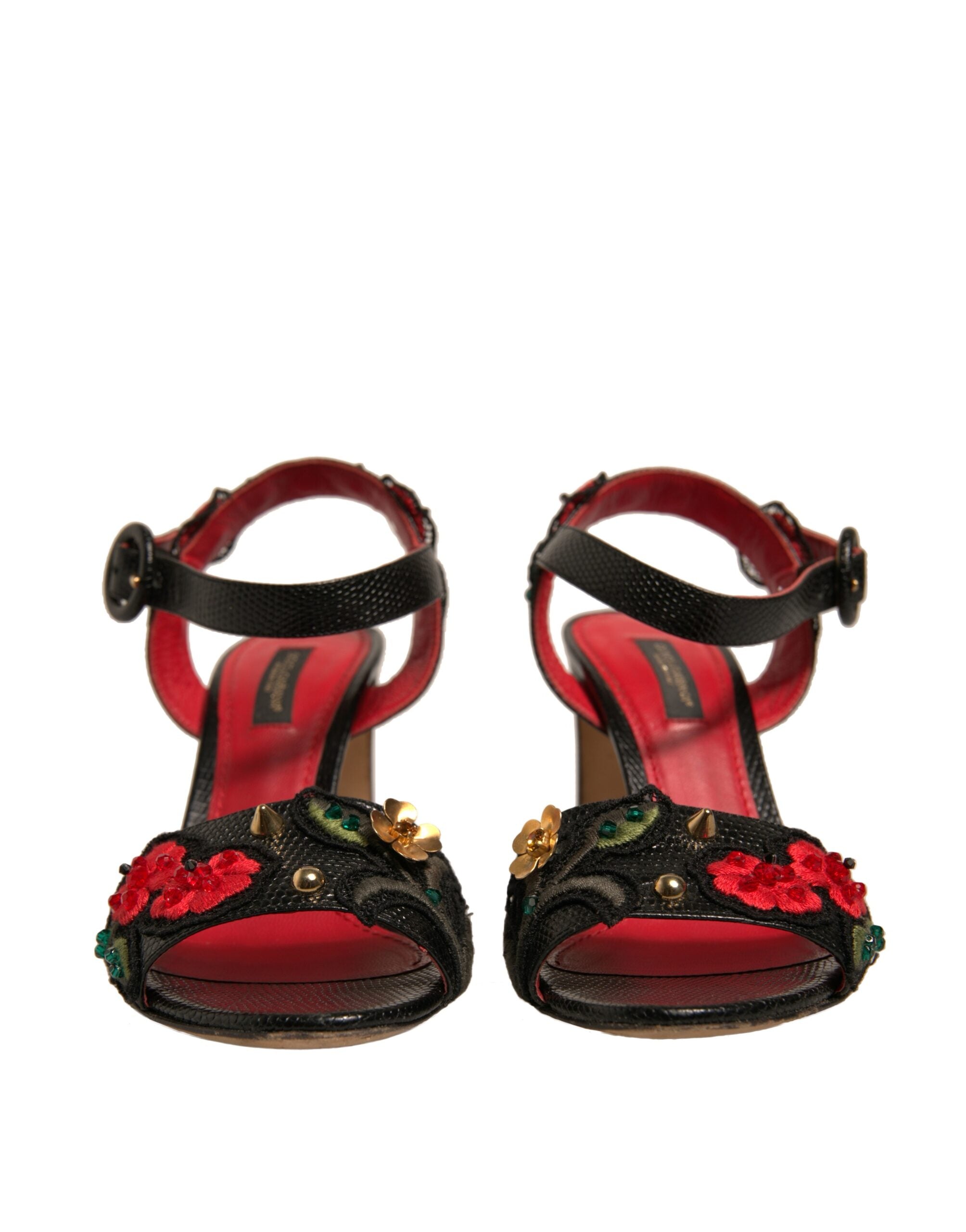 Dolce & Gabbana Black Embossed Carnation Heeled Sandals Women's Shoes (Pre-Owned)