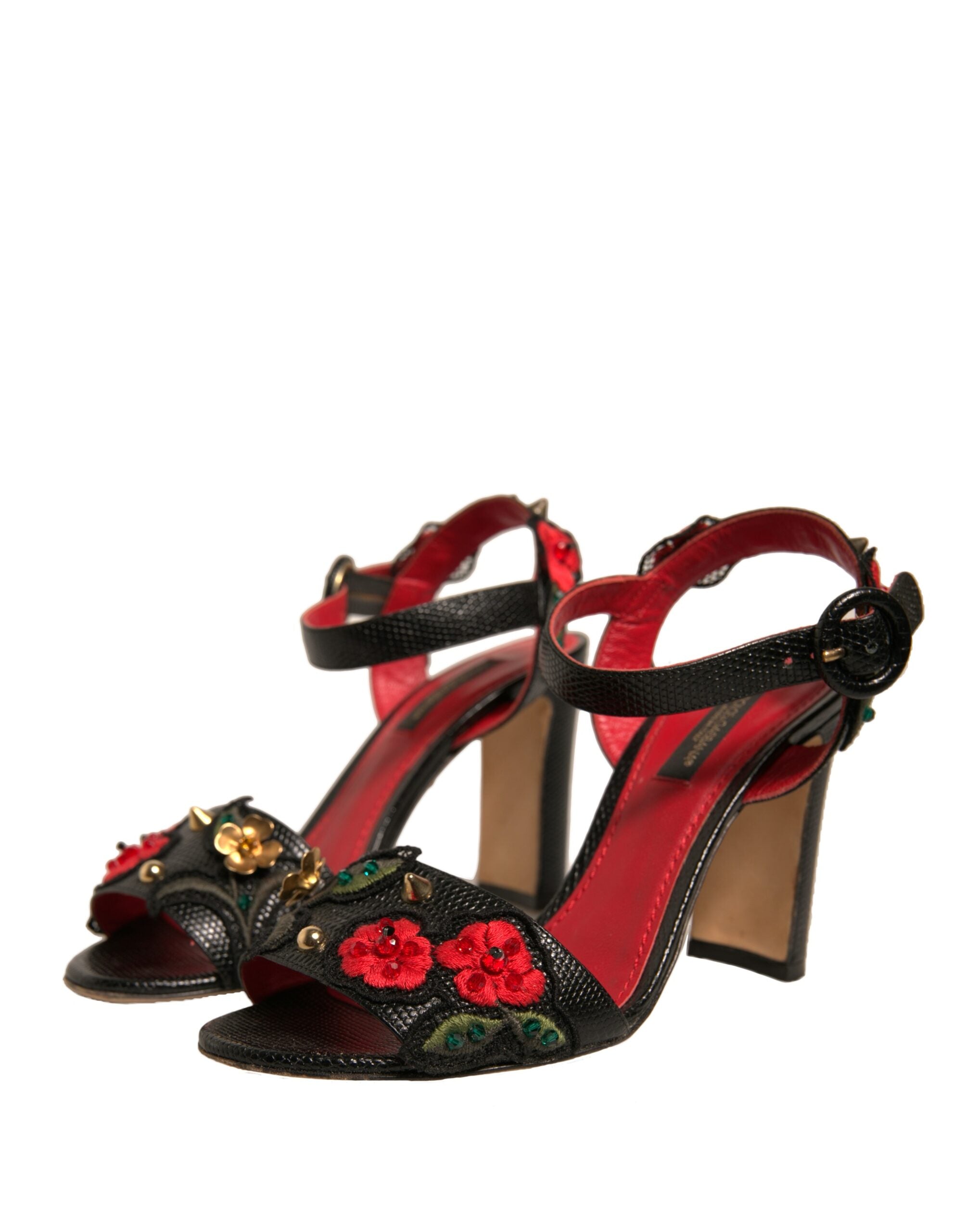 Dolce & Gabbana Black Embossed Carnation Heeled Sandals Women's Shoes (Pre-Owned)