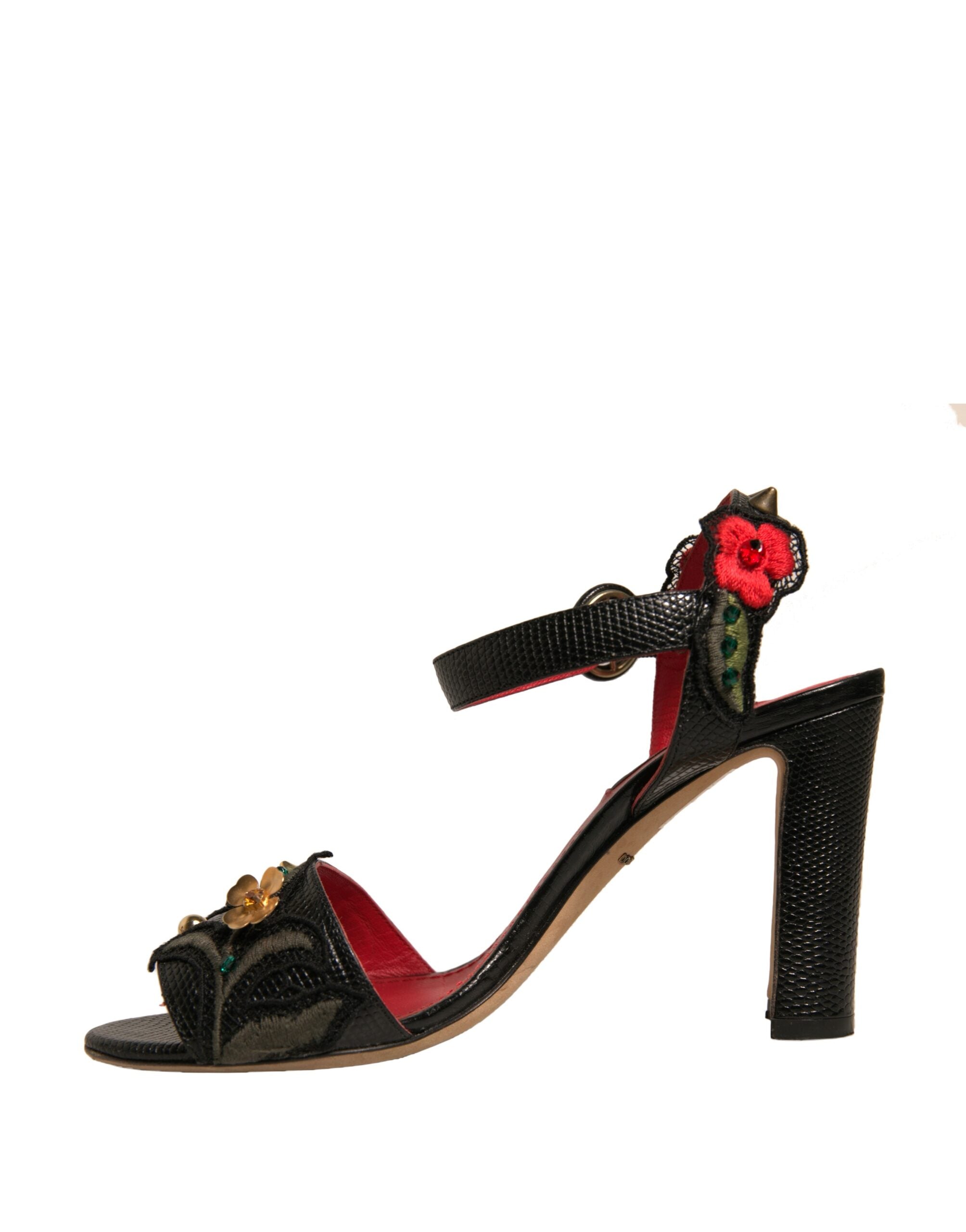 Dolce & Gabbana Black Embossed Carnation Heeled Sandals Women's Shoes (Pre-Owned)