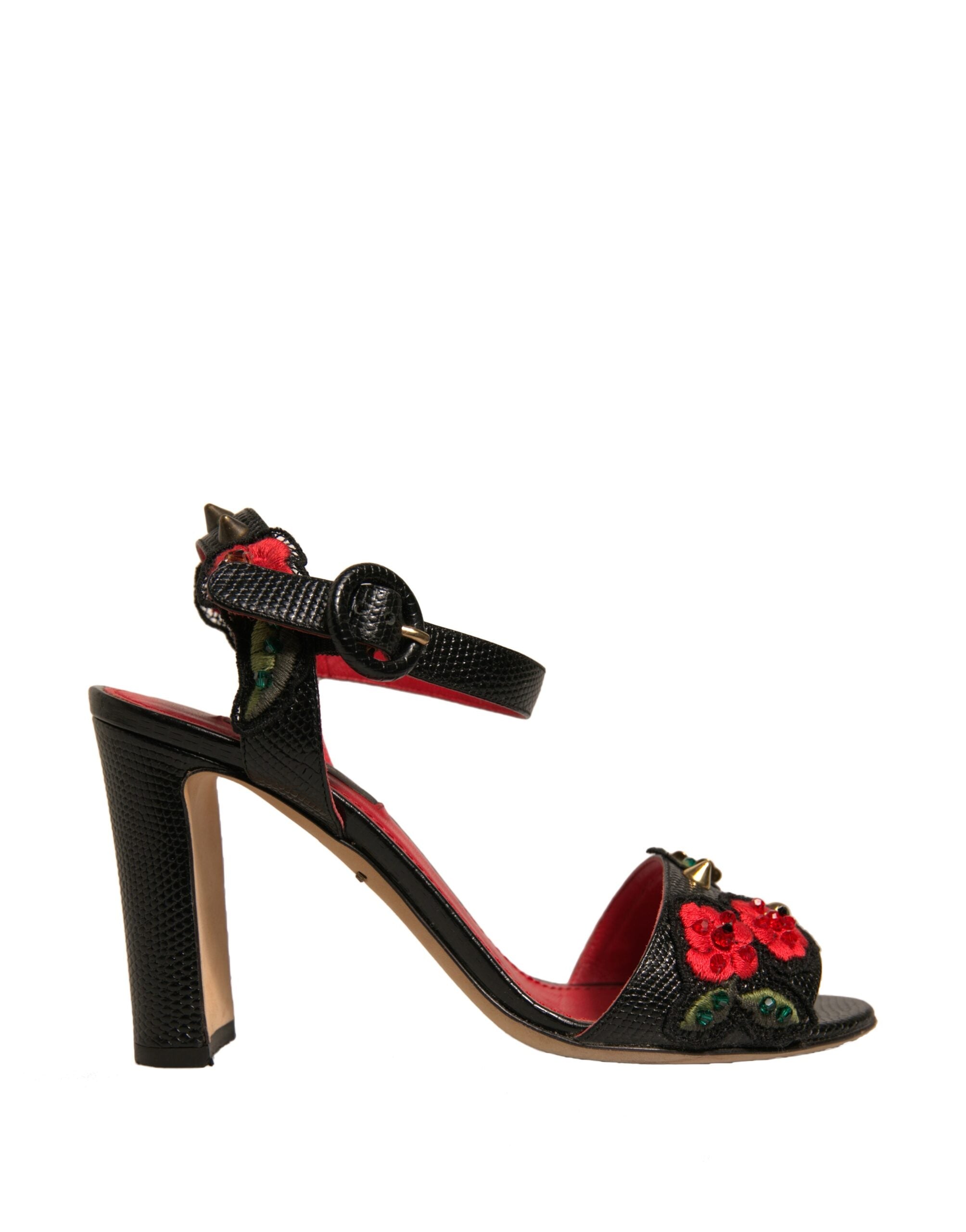 Dolce & Gabbana Black Embossed Carnation Heeled Sandals Women's Shoes (Pre-Owned)