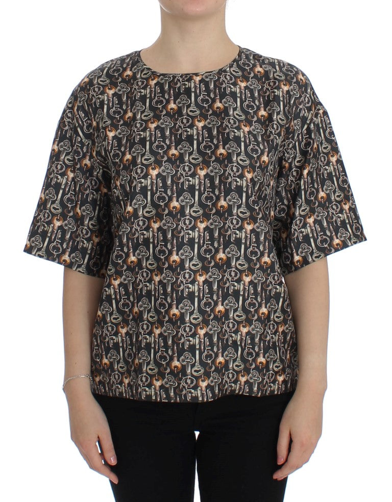 Dolce & Gabbana Gray Gold Key Print Silk Blouse Women's T-shirt