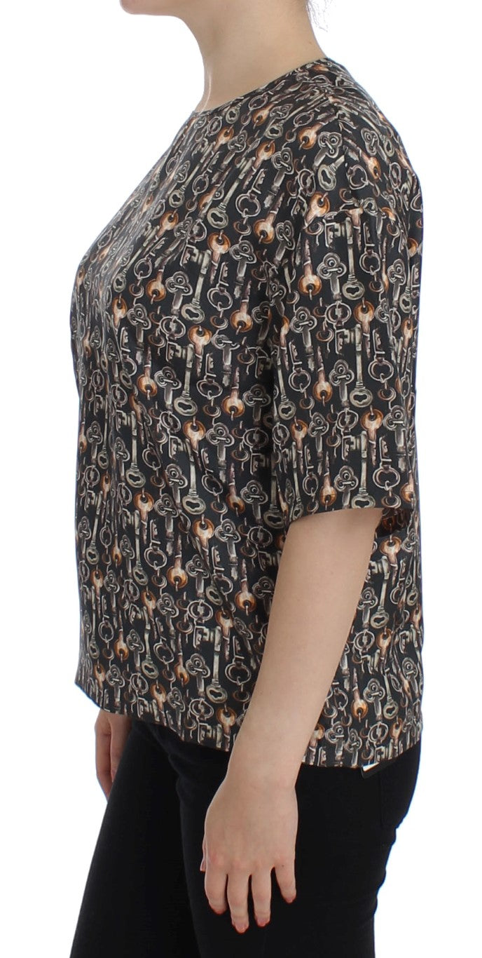 Dolce & Gabbana Gray Gold Key Print Silk Blouse Women's T-shirt