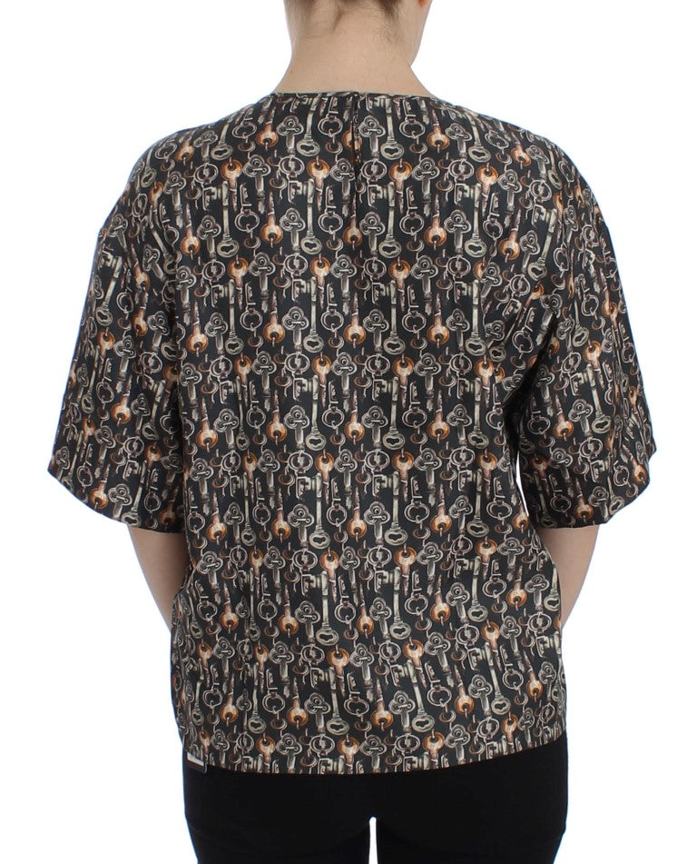 Dolce & Gabbana Gray Gold Key Print Silk Blouse Women's T-shirt