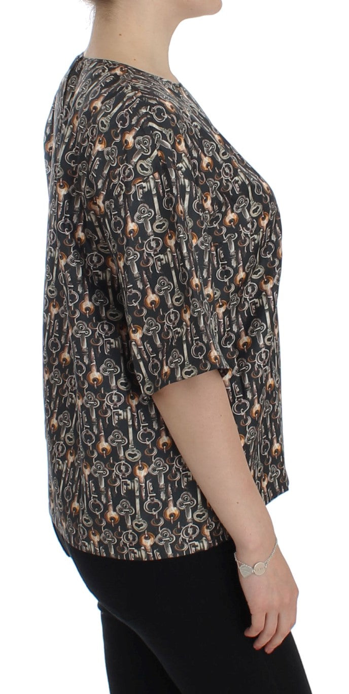 Dolce & Gabbana Gray Gold Key Print Silk Blouse Women's T-shirt