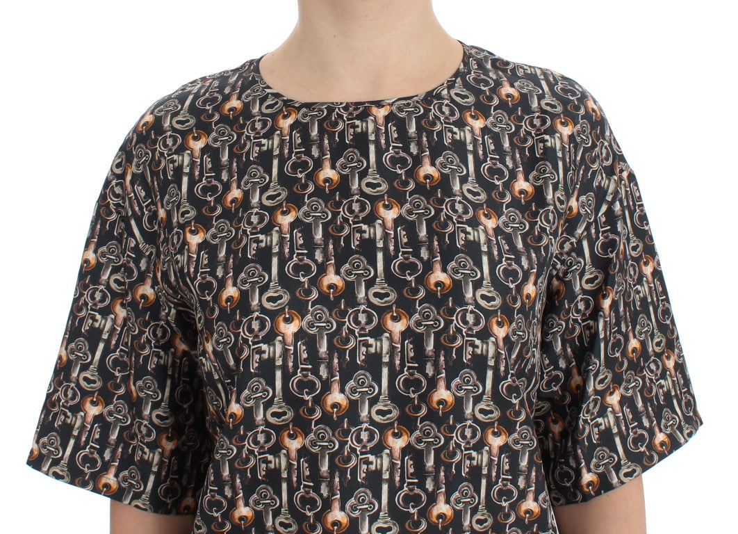 Dolce & Gabbana Gray Gold Key Print Silk Blouse Women's T-shirt