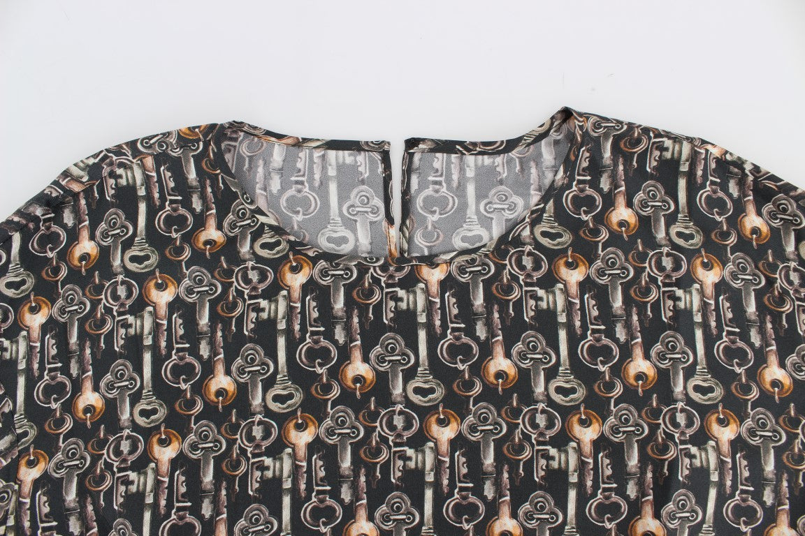 Dolce & Gabbana Gray Gold Key Print Silk Blouse Women's T-shirt