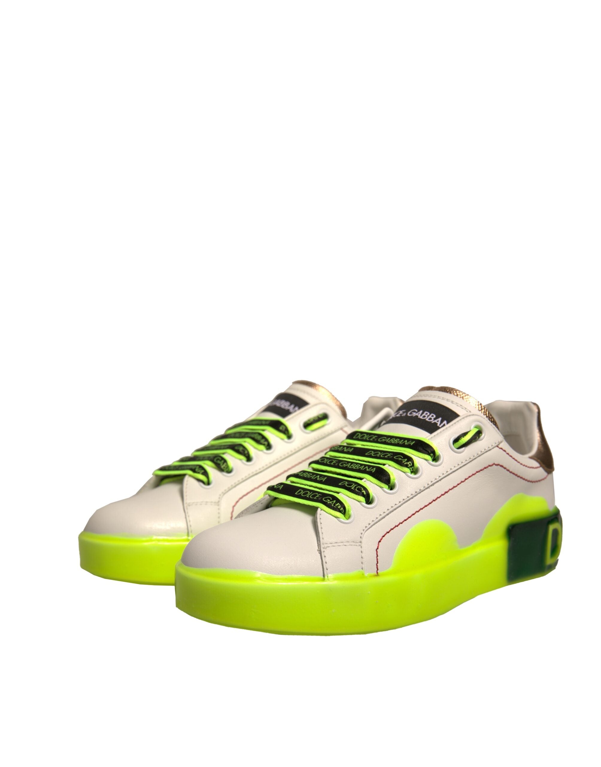 Dolce & Gabbana White Yellow Portofino Leather Sneakers Women's Shoes