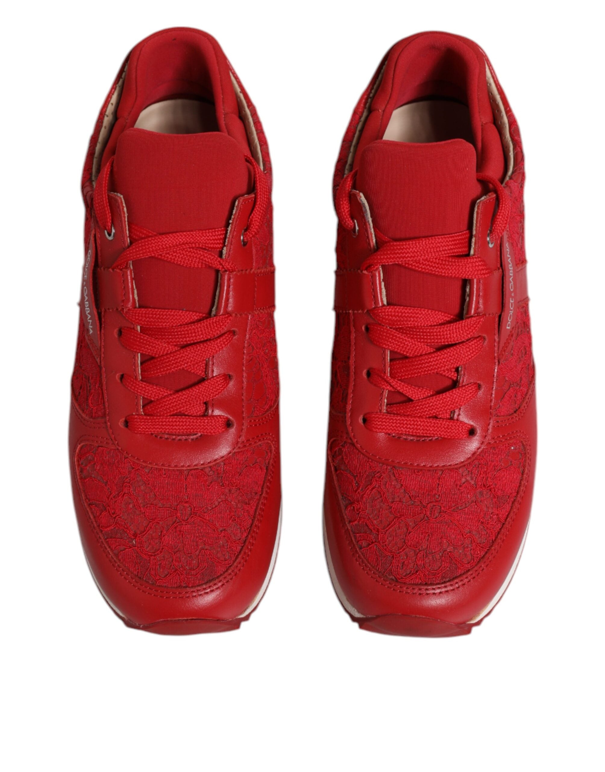 Dolce & Gabbana Red Floral Lace Leather Sneakers Women's Shoes (Pre-Owned)