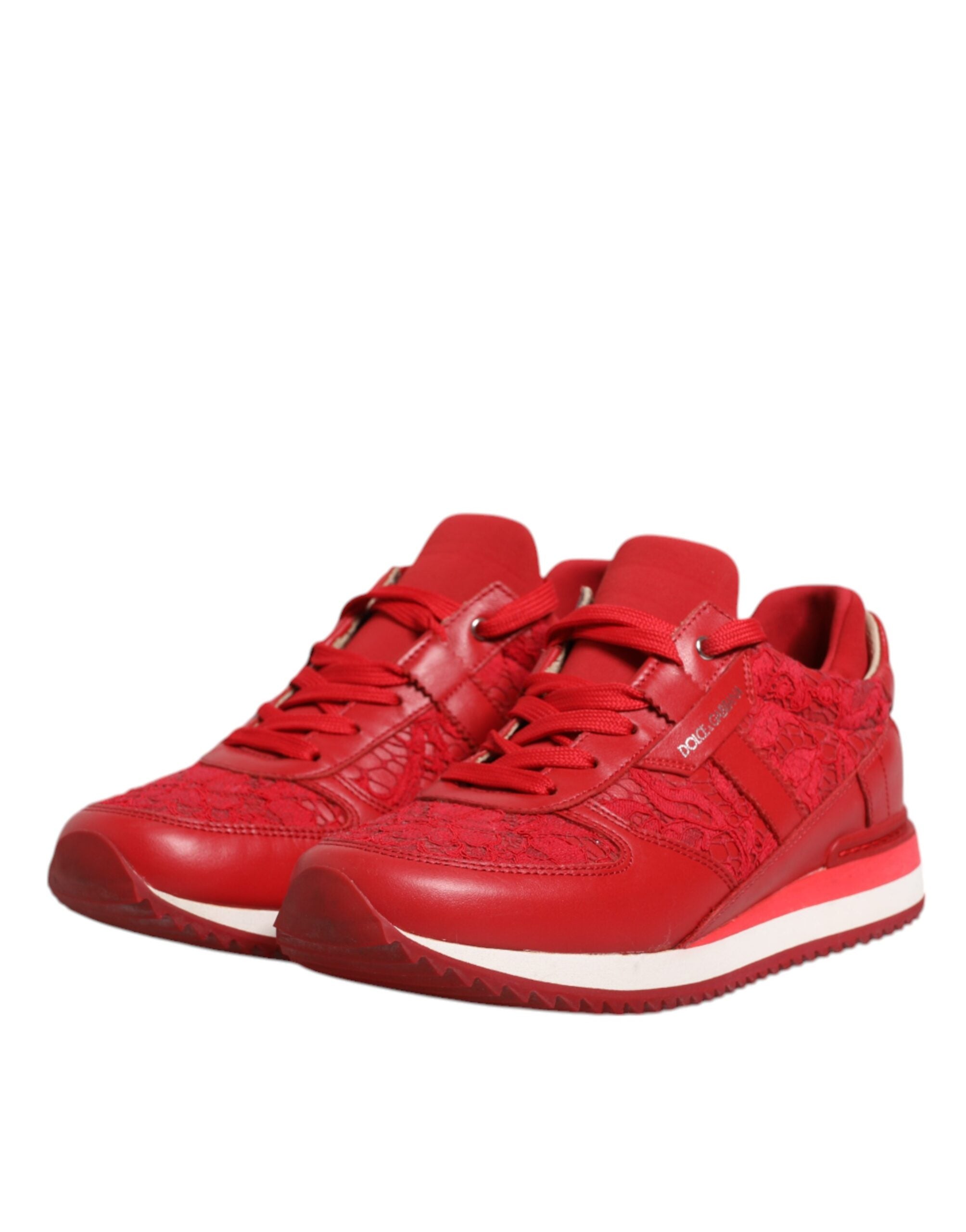Dolce & Gabbana Red Floral Lace Leather Sneakers Women's Shoes (Pre-Owned)