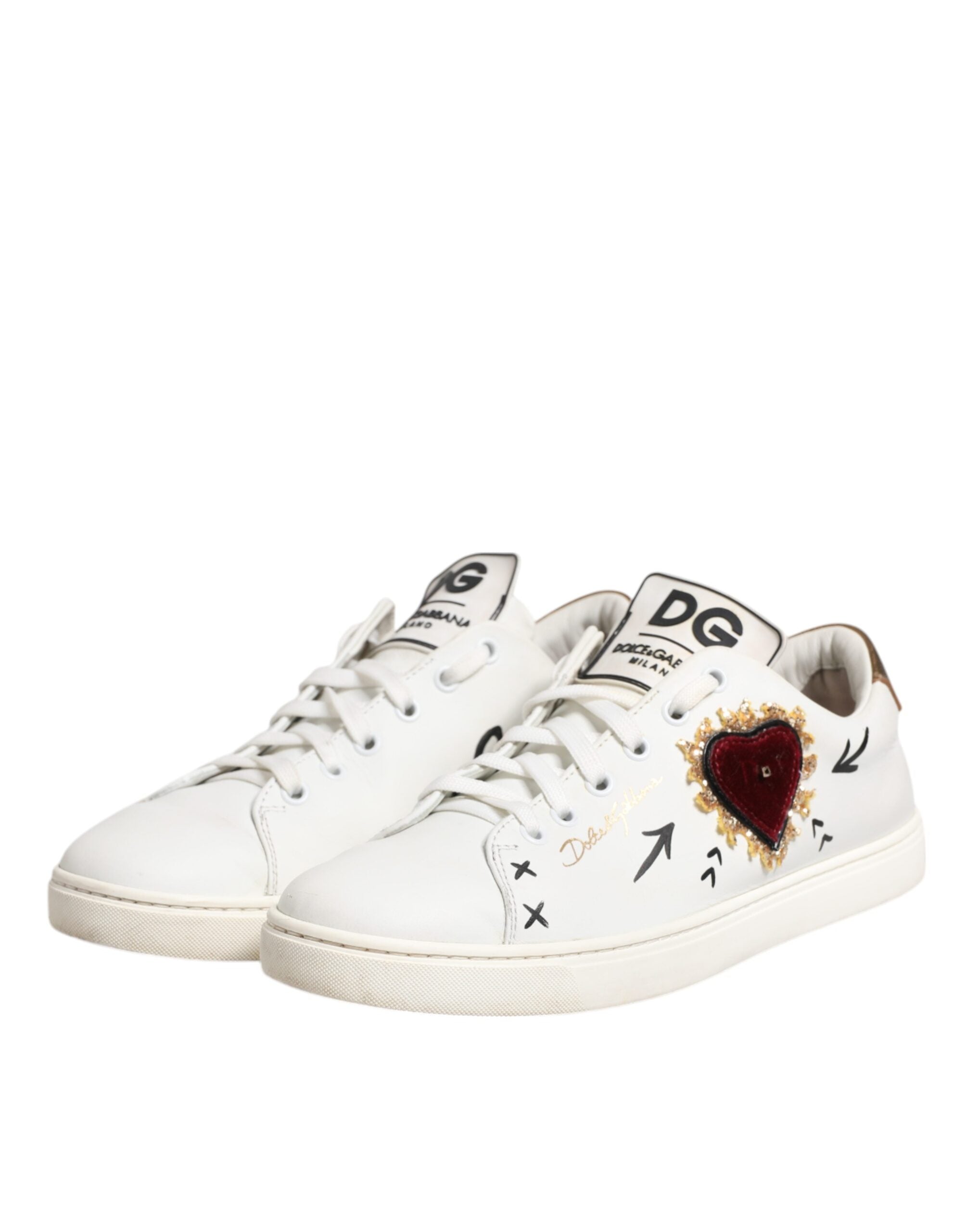 Dolce & Gabbana White Leather Heart Embellished Sneakers Women's Shoes (Pre-Owned)