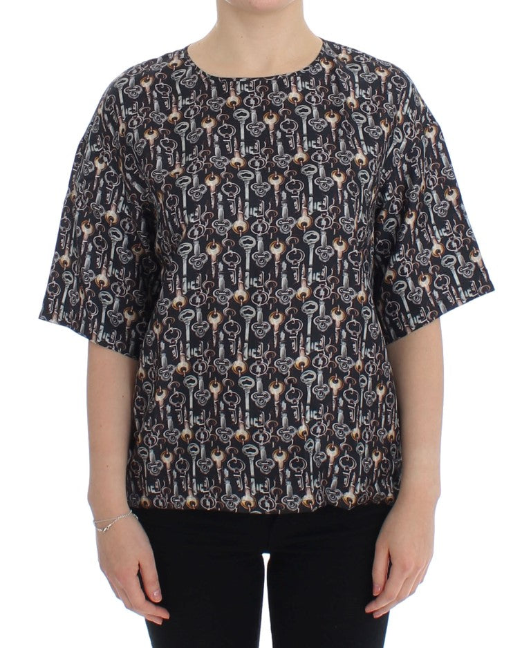 Dolce & Gabbana Gray Gold Key Print Silk Blouse Women's T-shirt